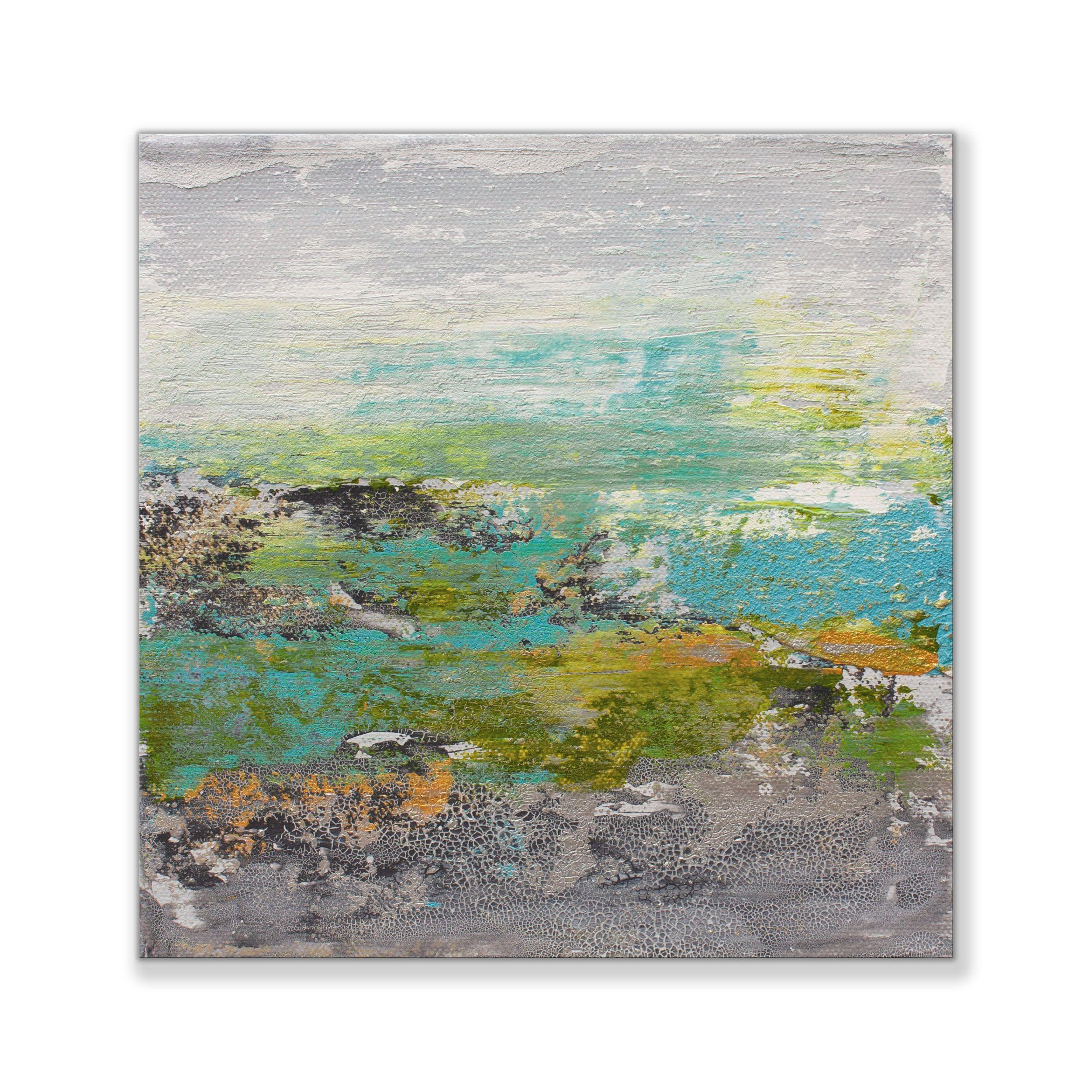 Views of Nature 76 ist ein Originalgemälde, das mit Acrylfarbe auf galerieumwickelter Leinwand gemalt wurde. Es hat eine Breite von 8 Zoll und eine Höhe von 8 Zoll mit einer Tiefe von 1,5 Zoll (8x8x1,5).    Die Farben des Gemäldes sind Weiß, Blau,