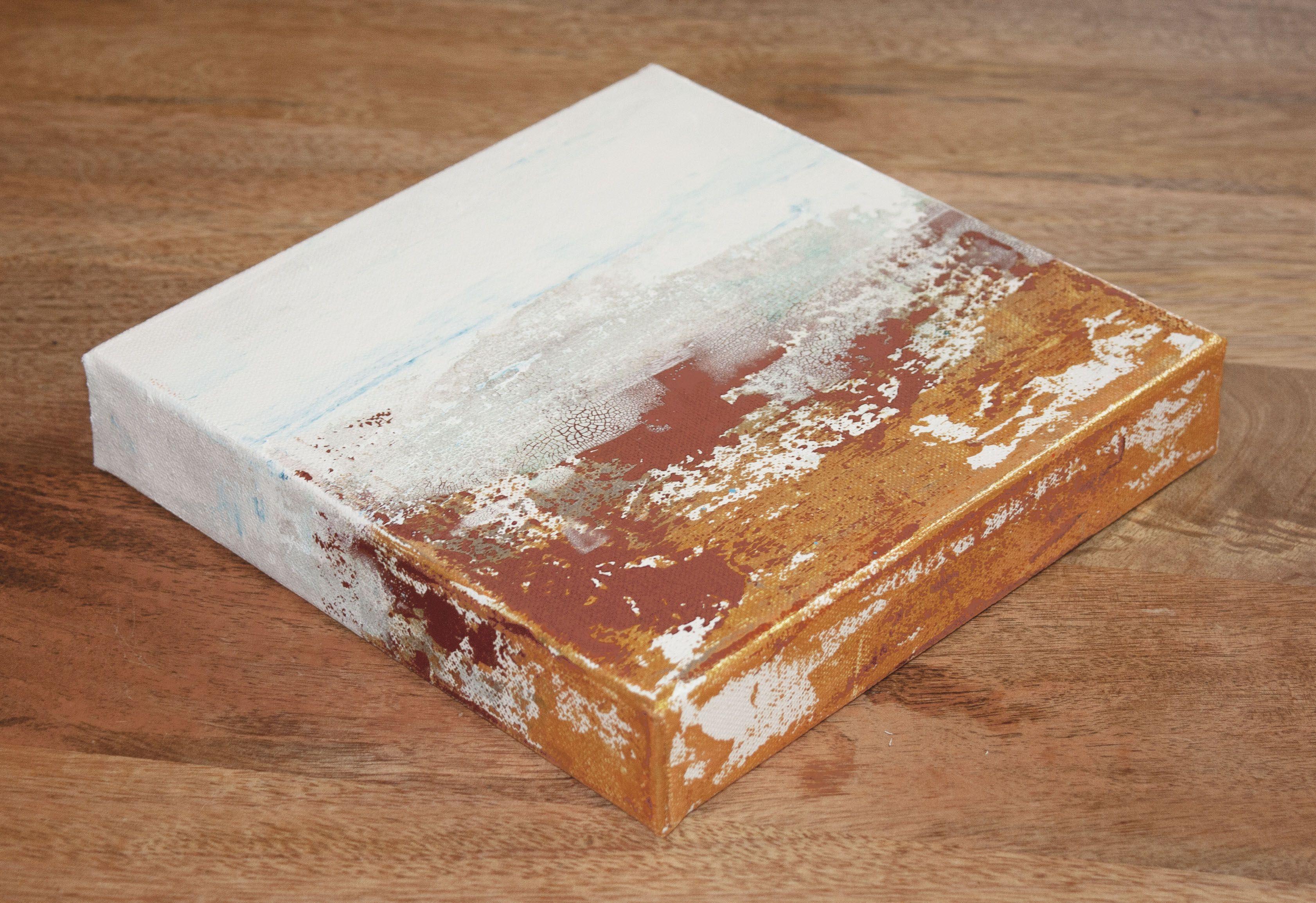 Views of Nature 80 ist ein Originalgemälde, das mit Acrylfarbe auf galerieumwickelter Leinwand gemalt wurde. Es hat eine Breite von 8 Zoll und eine Höhe von 8 Zoll mit einer Tiefe von 1,5 Zoll (8x8x1,5).    Die in dem Gemälde verwendeten Farben sind