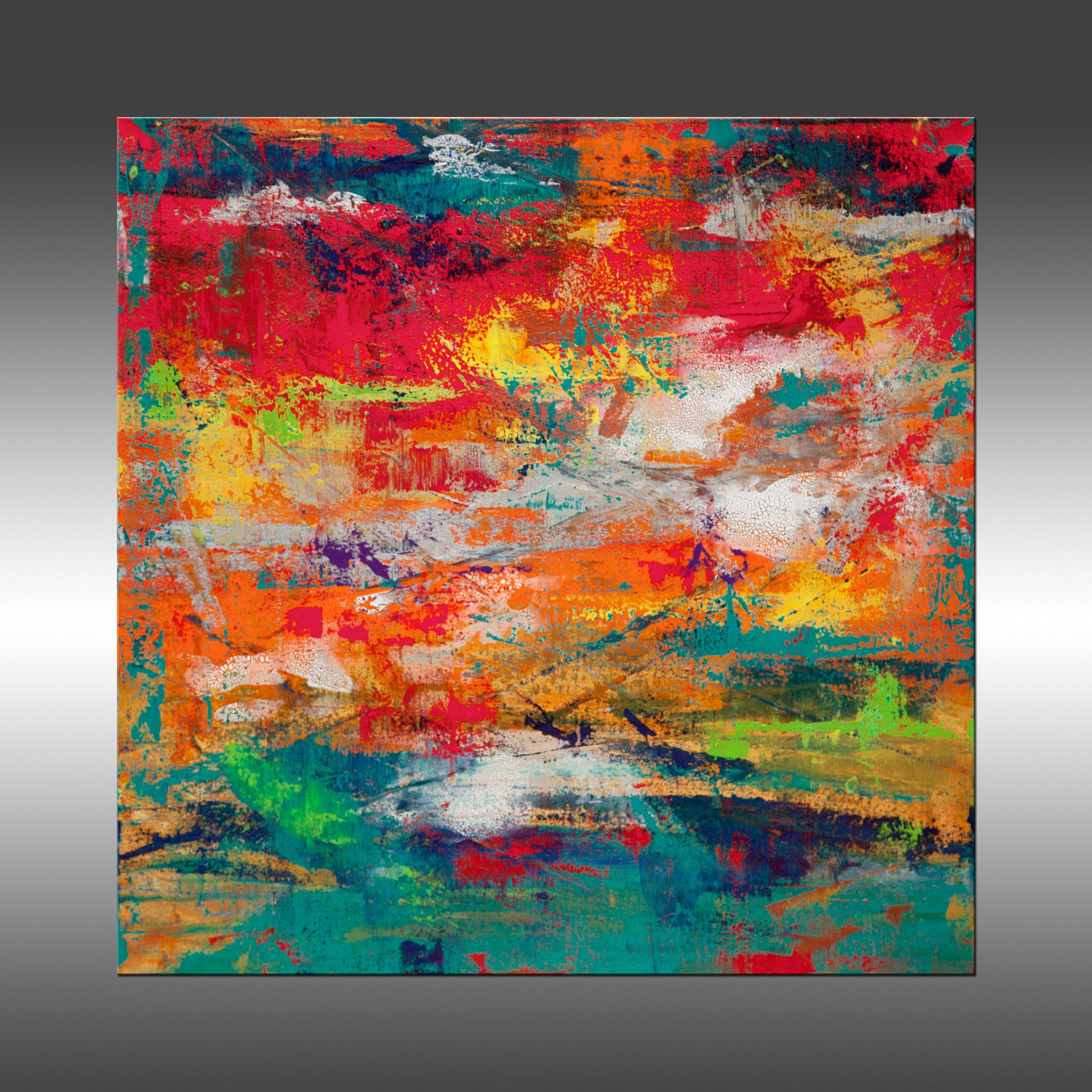 Wonderland is an original painting, created with acrylic paint on gallery-wrapped canvas. It has a width of 24 inches and a height of 24 inches with a depth of 1.5 inches (24x24x1.5).    The colors used in the painting are yellow, orange, green,