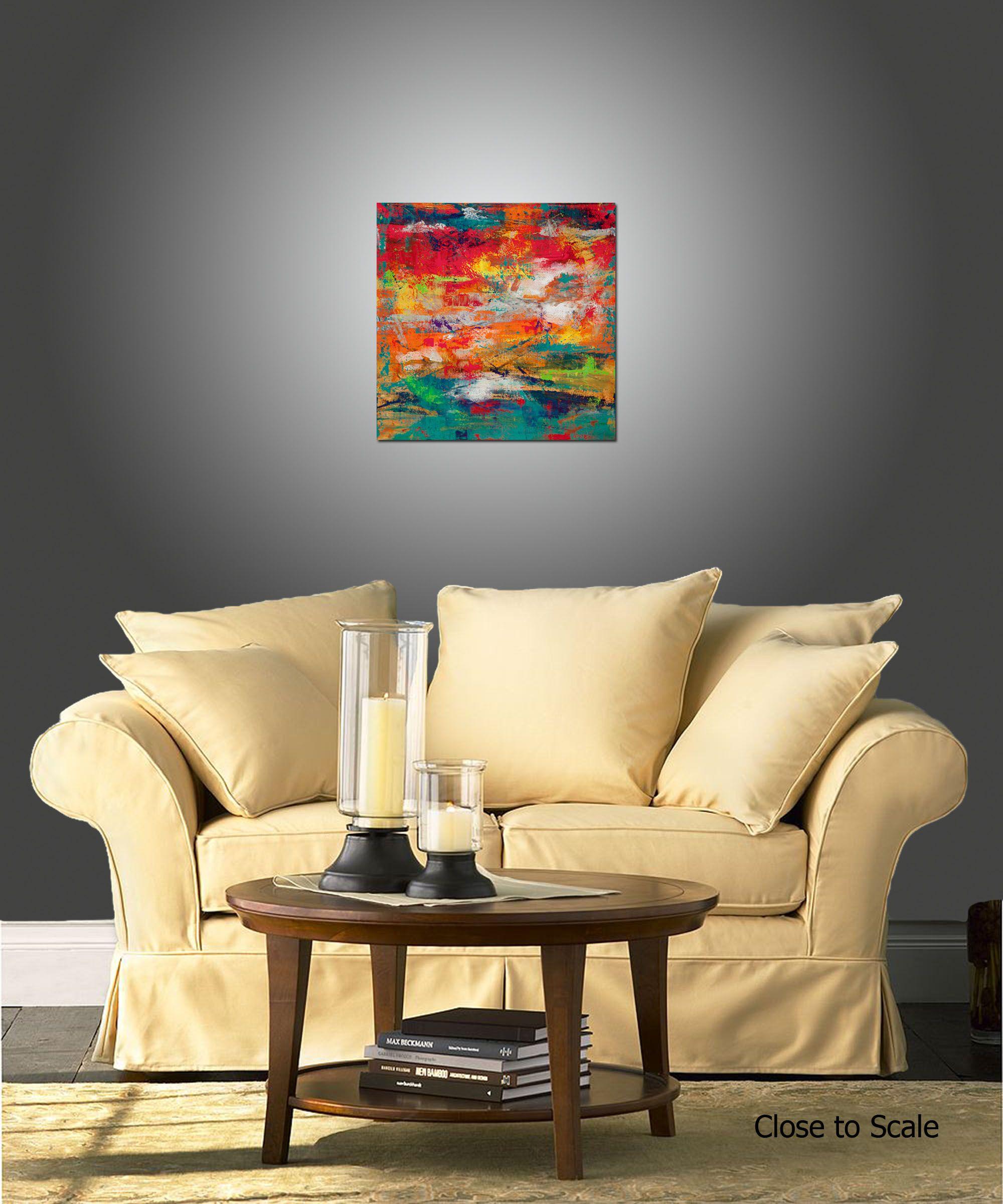 Wonderland is an original painting, created with acrylic paint on gallery-wrapped canvas. It has a width of 24 inches and a height of 24 inches with a depth of 1.5 inches (24x24x1.5).    The colors used in the painting are yellow, orange, green,