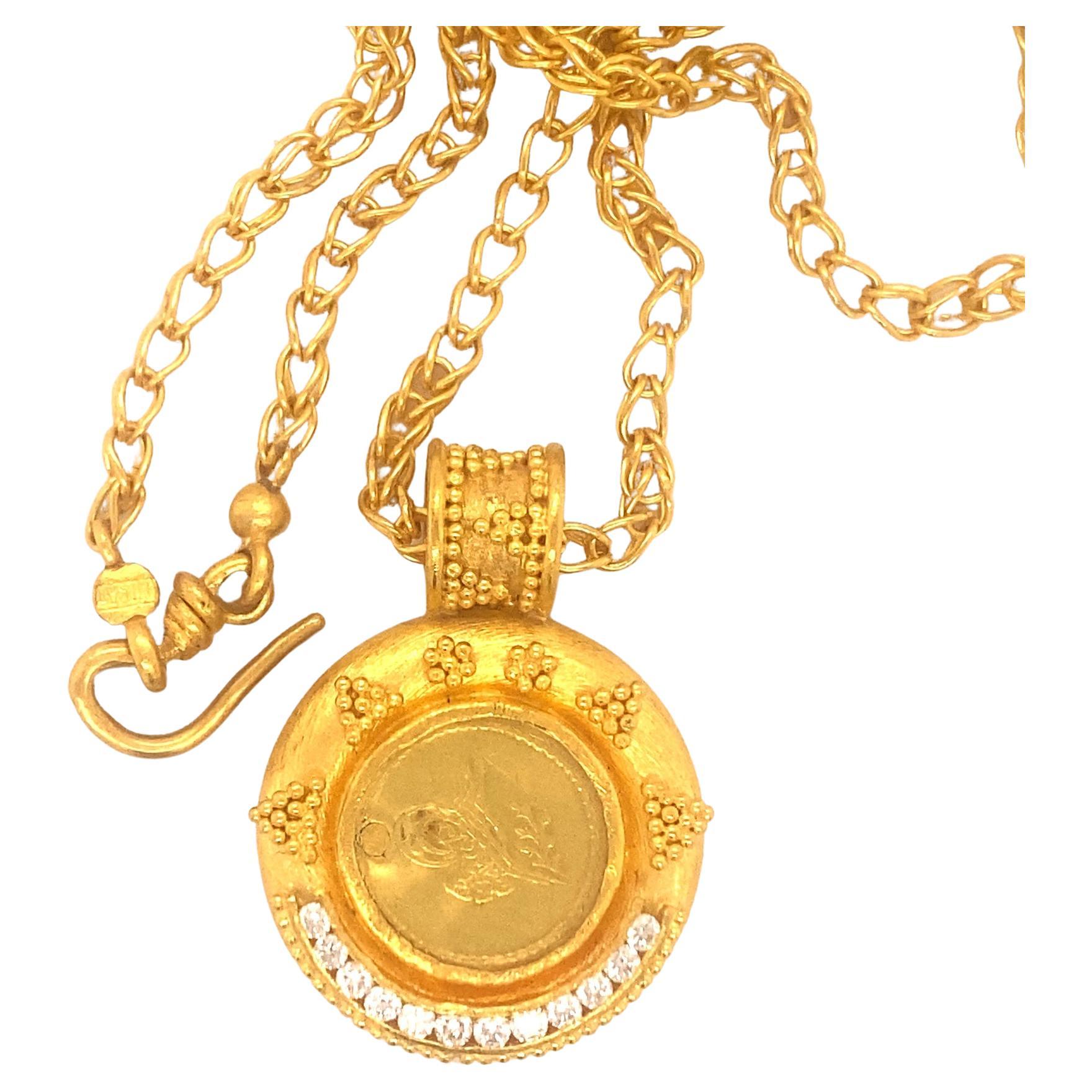 Hilat Designer 24K Gold Diamond Coin Long Chain Necklace For Sale