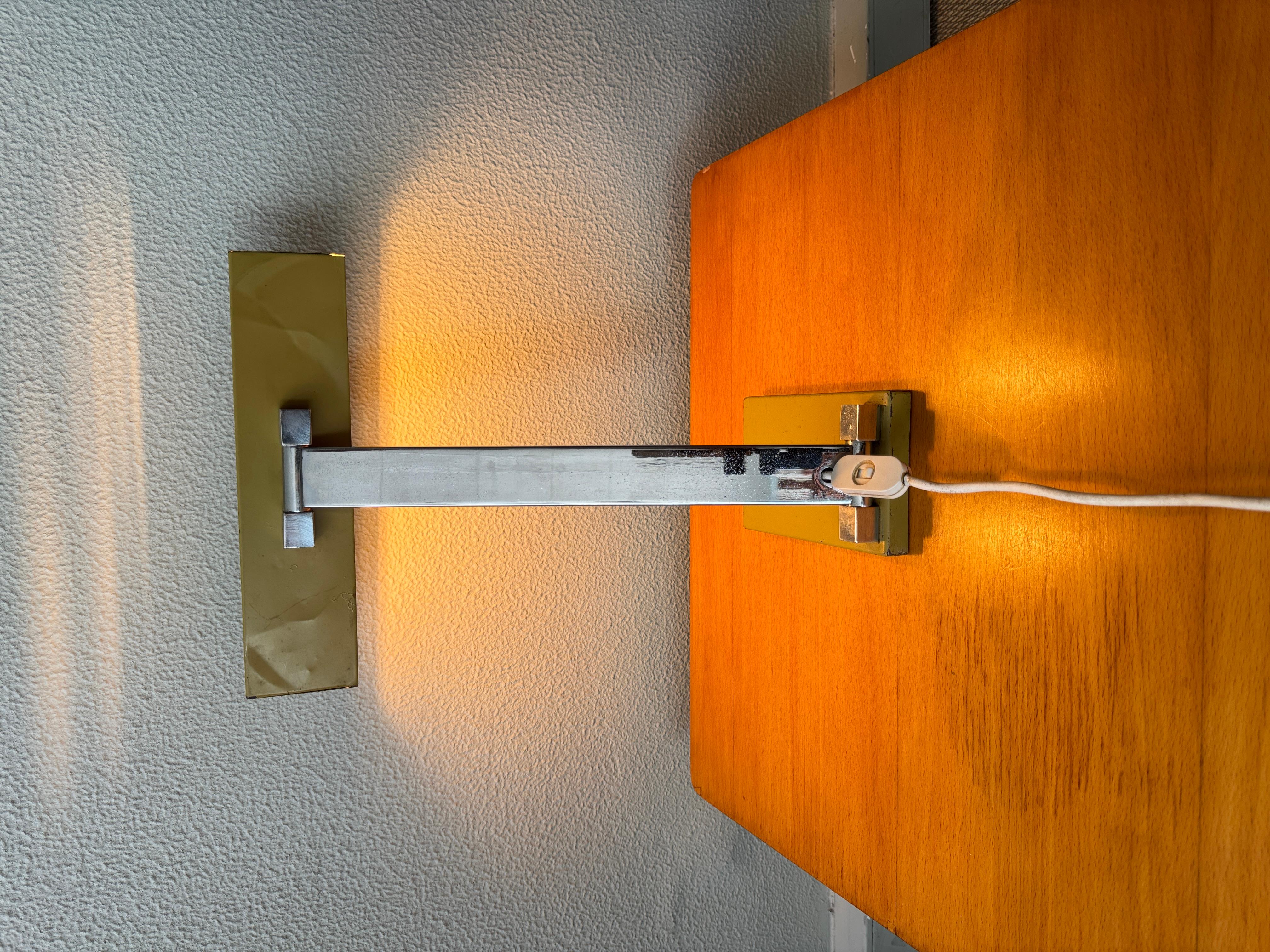 Hilbrand 1970s Geometric Table Lamp Yellow Metal Shade Chrome Stem Modernist For Sale 13