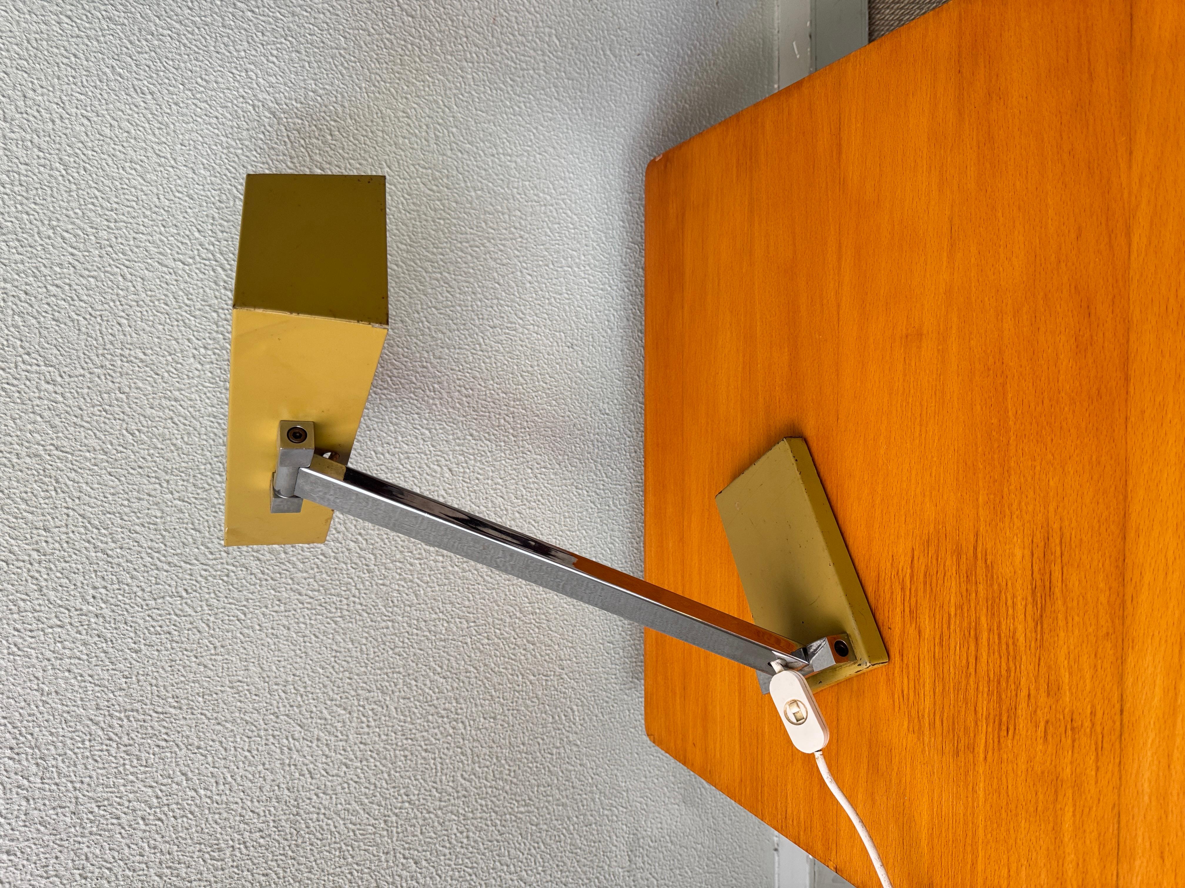Hilbrand 1970s Geometric Table Lamp Yellow Metal Shade Chrome Stem Modernist For Sale 14