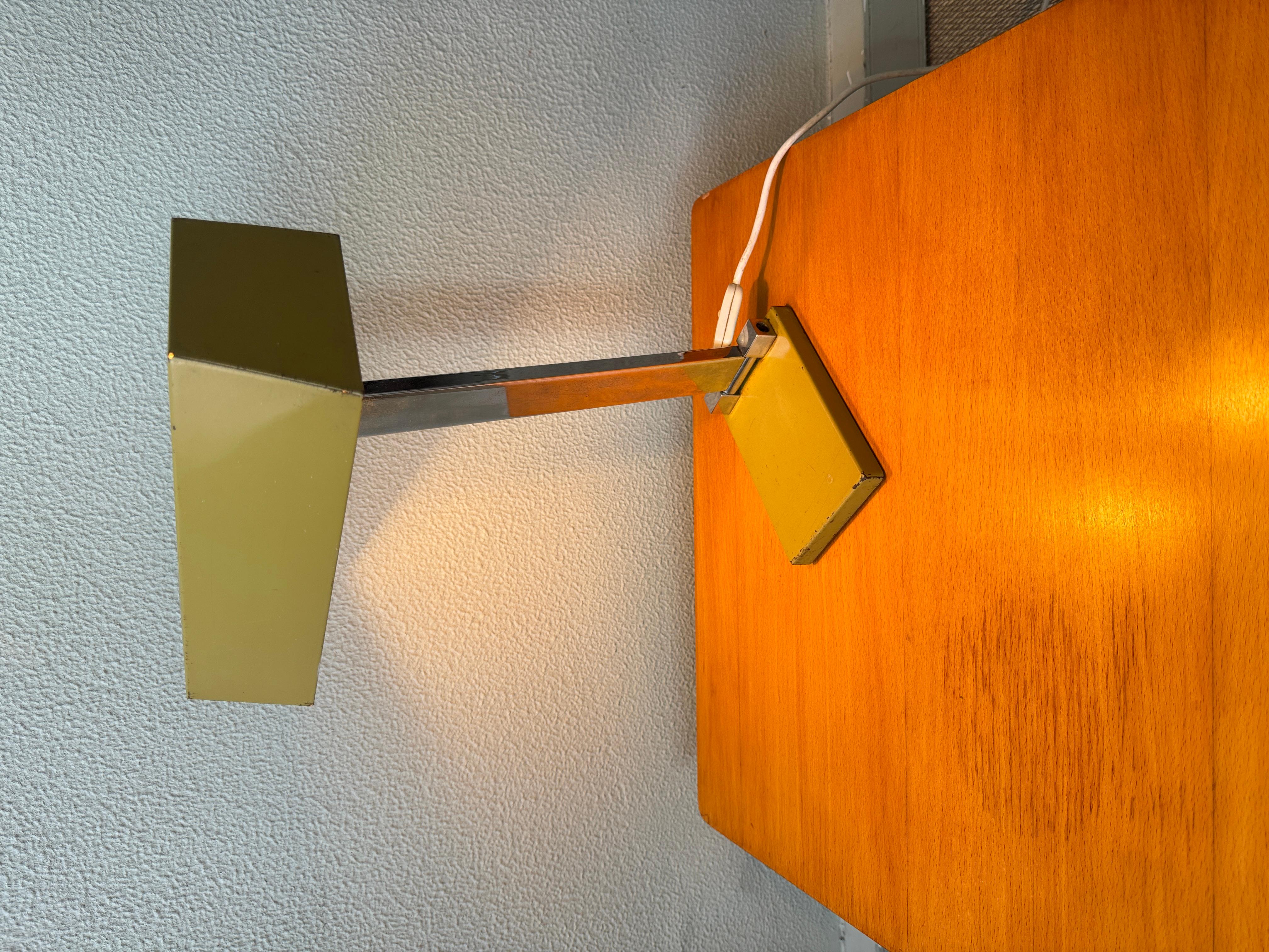 German Hilbrand 1970s Geometric Table Lamp Yellow Metal Shade Chrome Stem Modernist For Sale