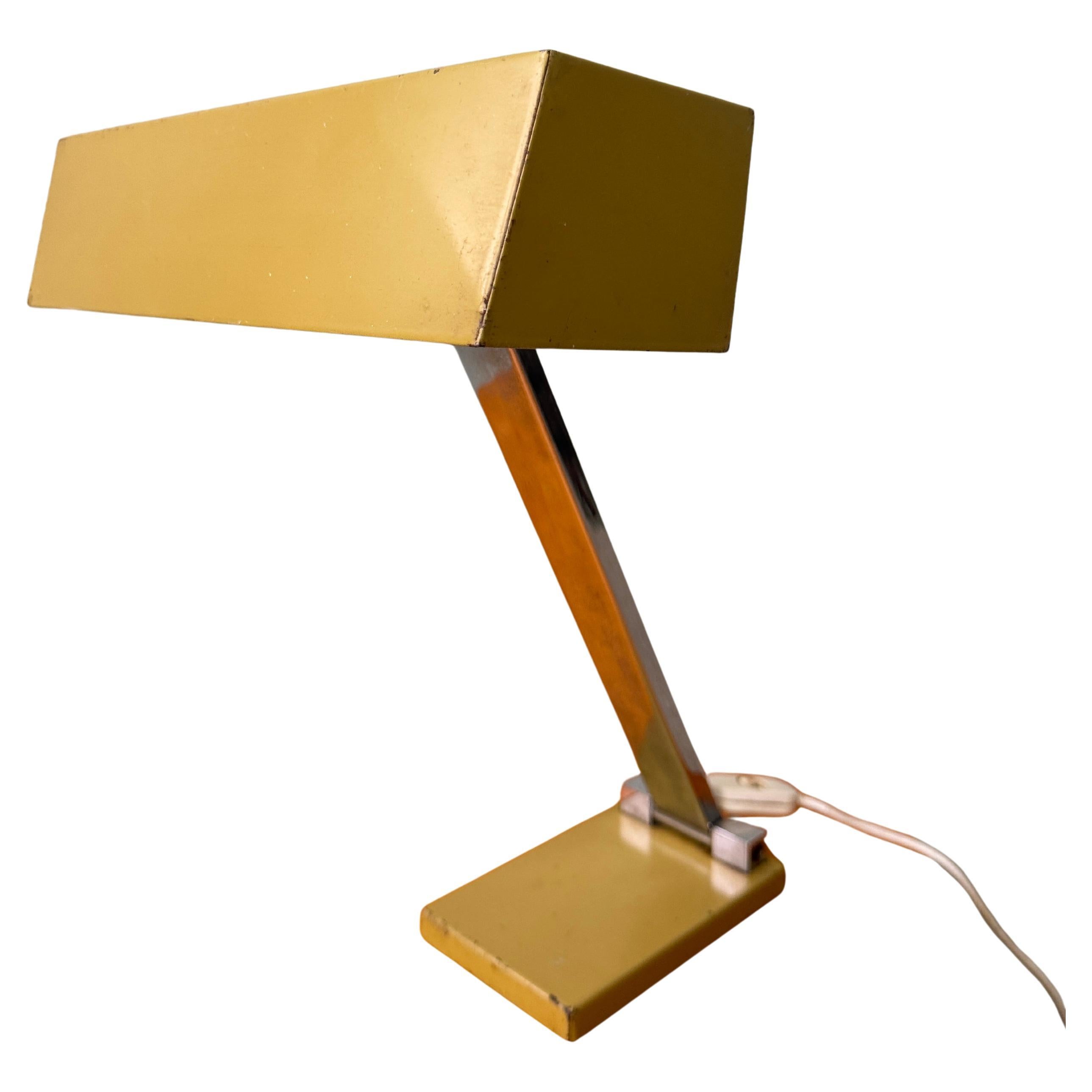 Hilbrand 1970s Geometric Table Lamp Yellow Metal Shade Chrome Stem Modernist For Sale