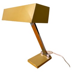 Hilbrand 1970s Geometric Table Lamp Yellow Metal Shade Chrome Stem Modernist