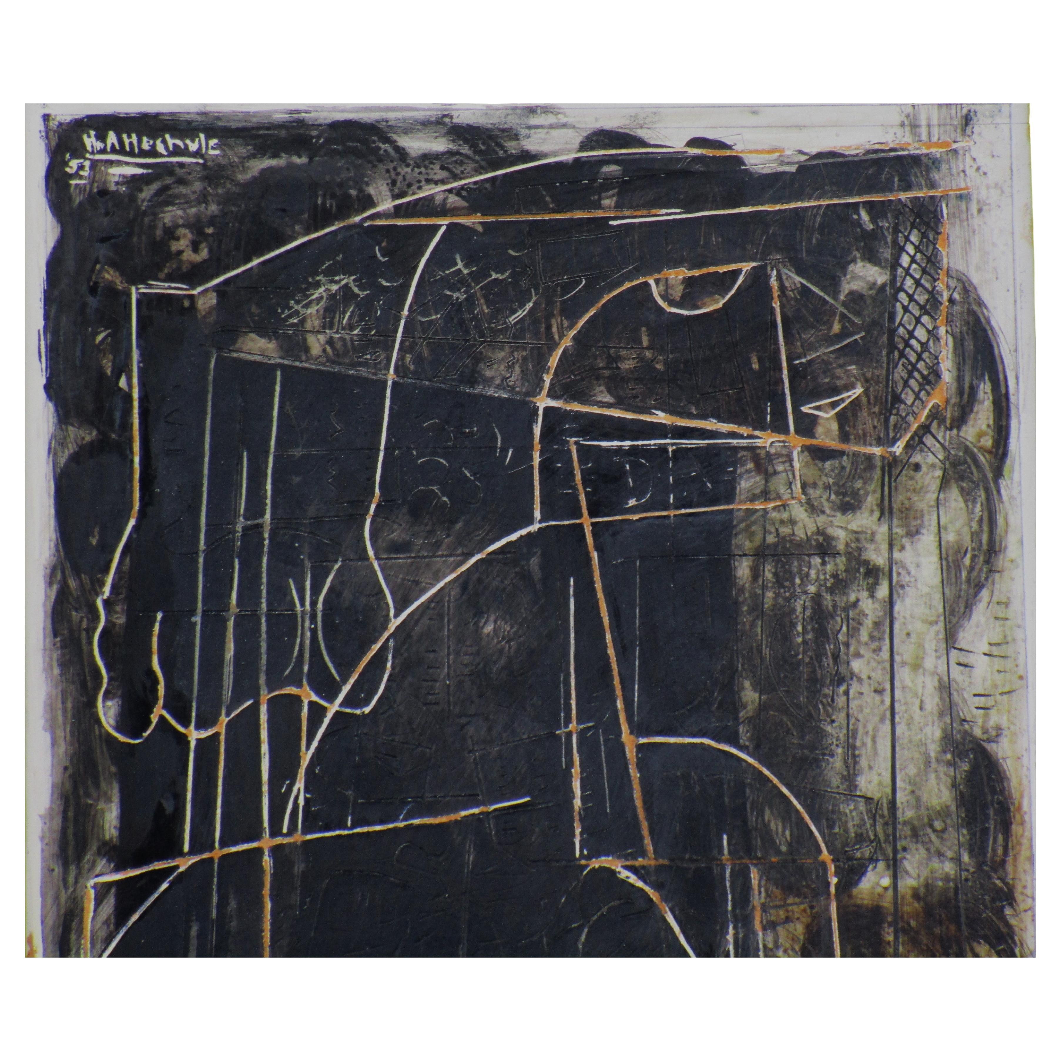Hand-Painted Hilda Altschule Mixed Media Abstract Sgraffito Painting of a Woman, 1953