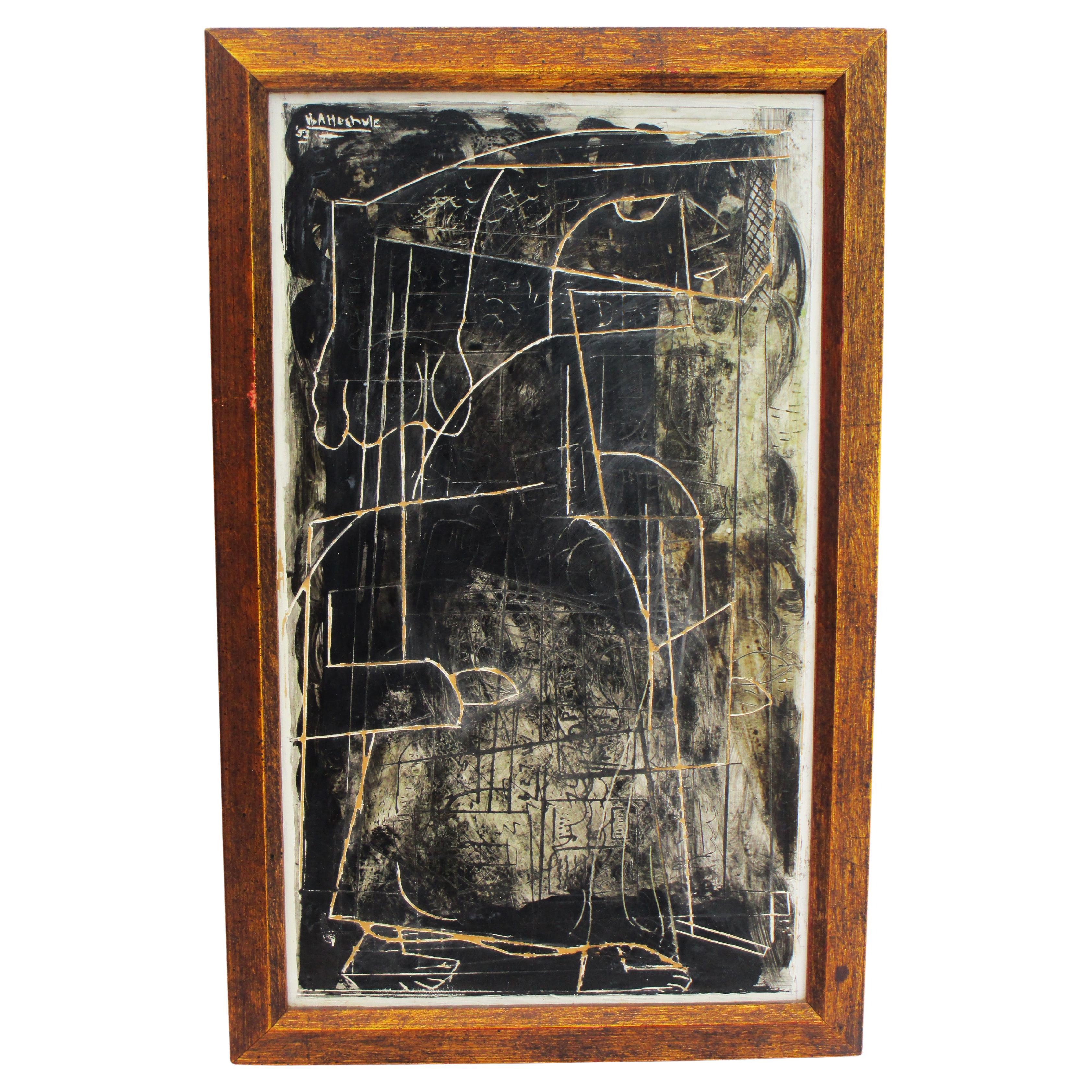 Hilda Altschule Coates - well listed painter / sculptor ( 1900 Russia - 1983 Rochester NY ) mixed media abstract sgraffito work painting of a woman on board in vintage giltwood frame. Signed upper left H. Altschule '53. Measures framed 14 1/2