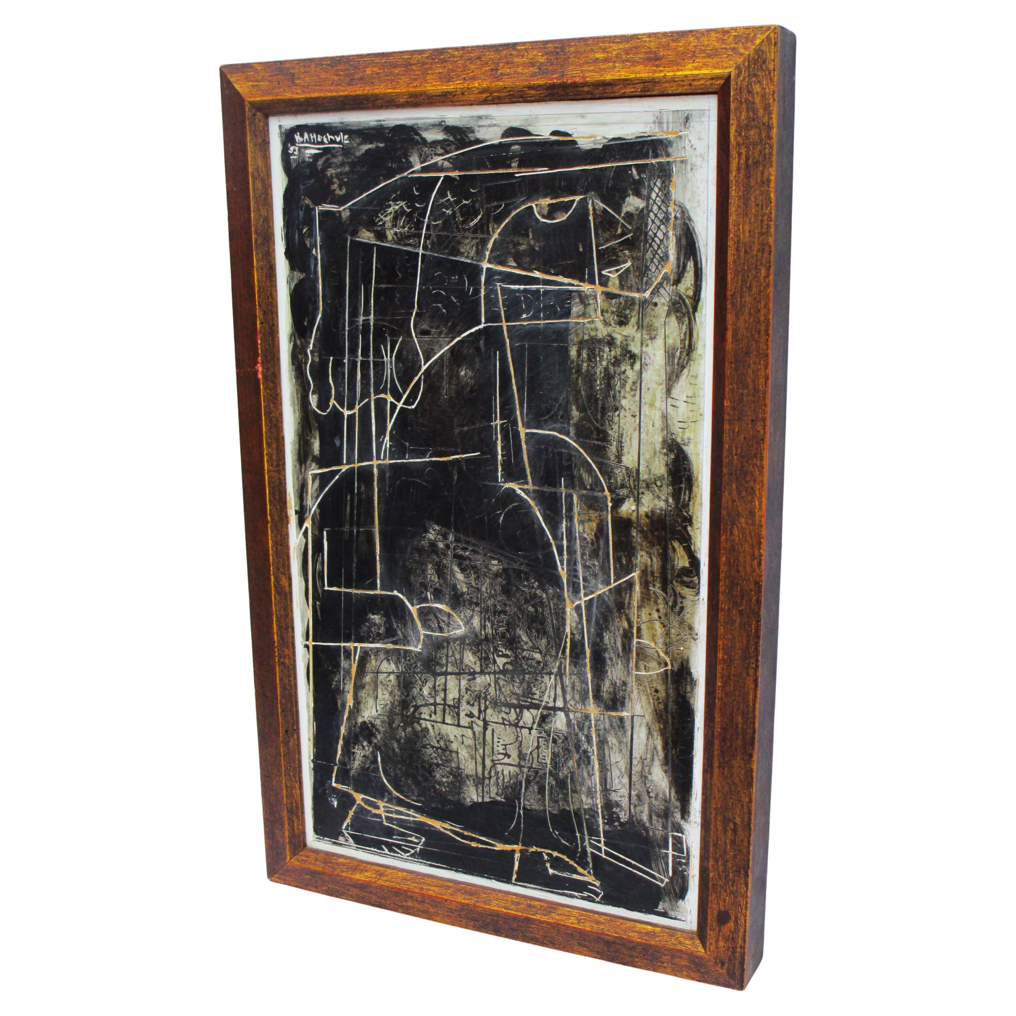 Mid-Century Modern Hilda Altschule Mixed Media Abstract Sgraffito Painting of a Woman, 1953
