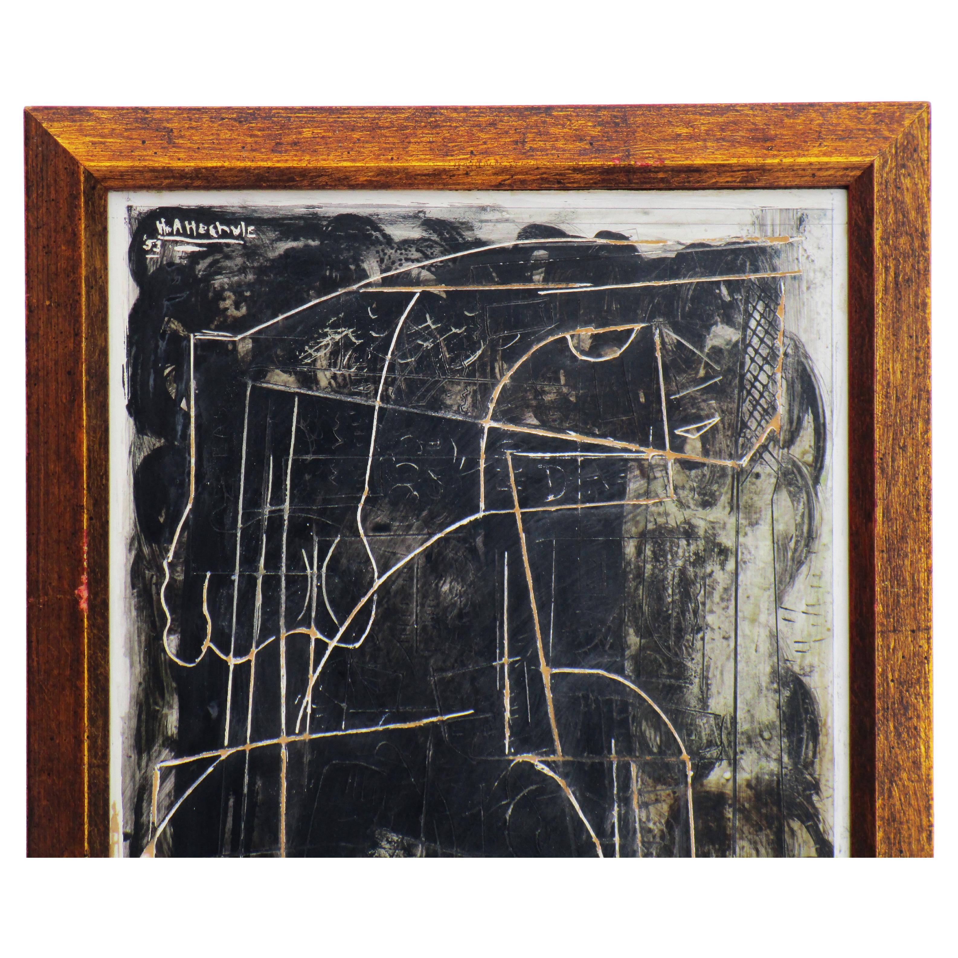 American Hilda Altschule Mixed Media Abstract Sgraffito Painting of a Woman, 1953