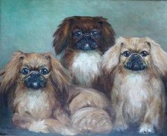 Portrait of Three Pedigree Pekingese Dogs - British 1930's art oil painting