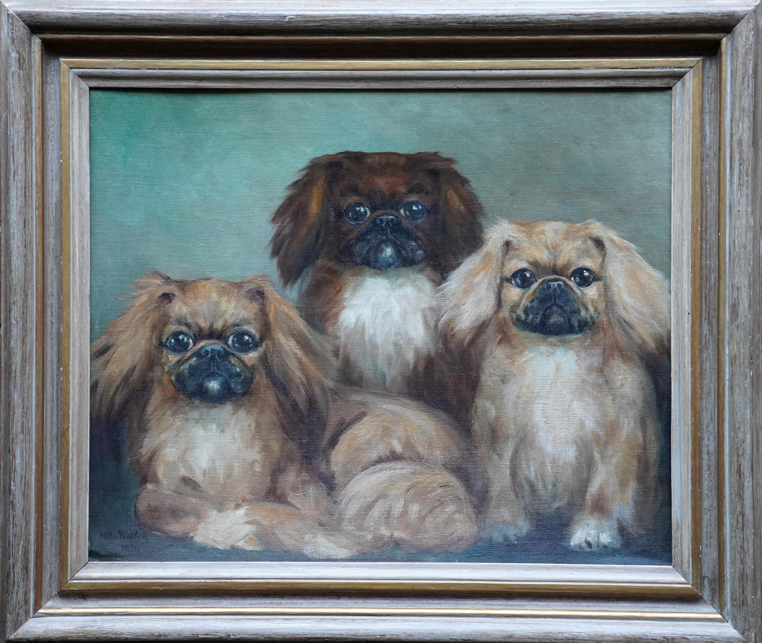 Hilda Annetta Walker Animal Painting - Portrait of Three Pedigree Pekingese Dogs - British 1930
s art oil painting