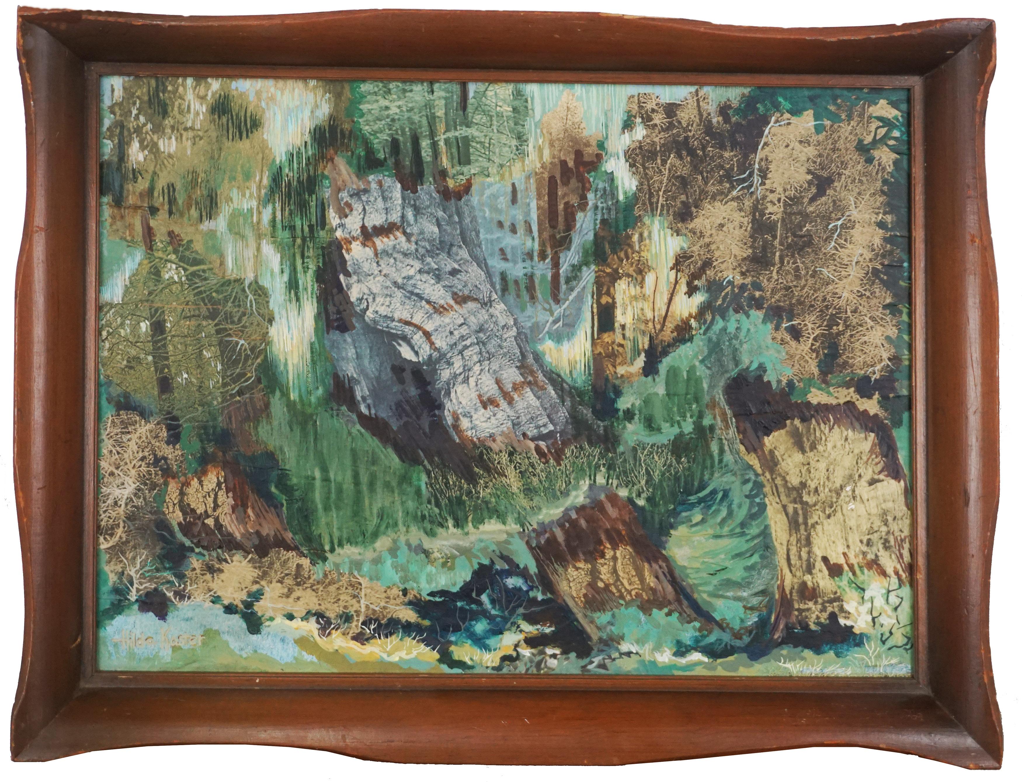 Mid-Century Modern Pacific Northwest Regenwald, abstrakte Landschaft in Erdtönen  – Painting von Hilda Davidson Kaster