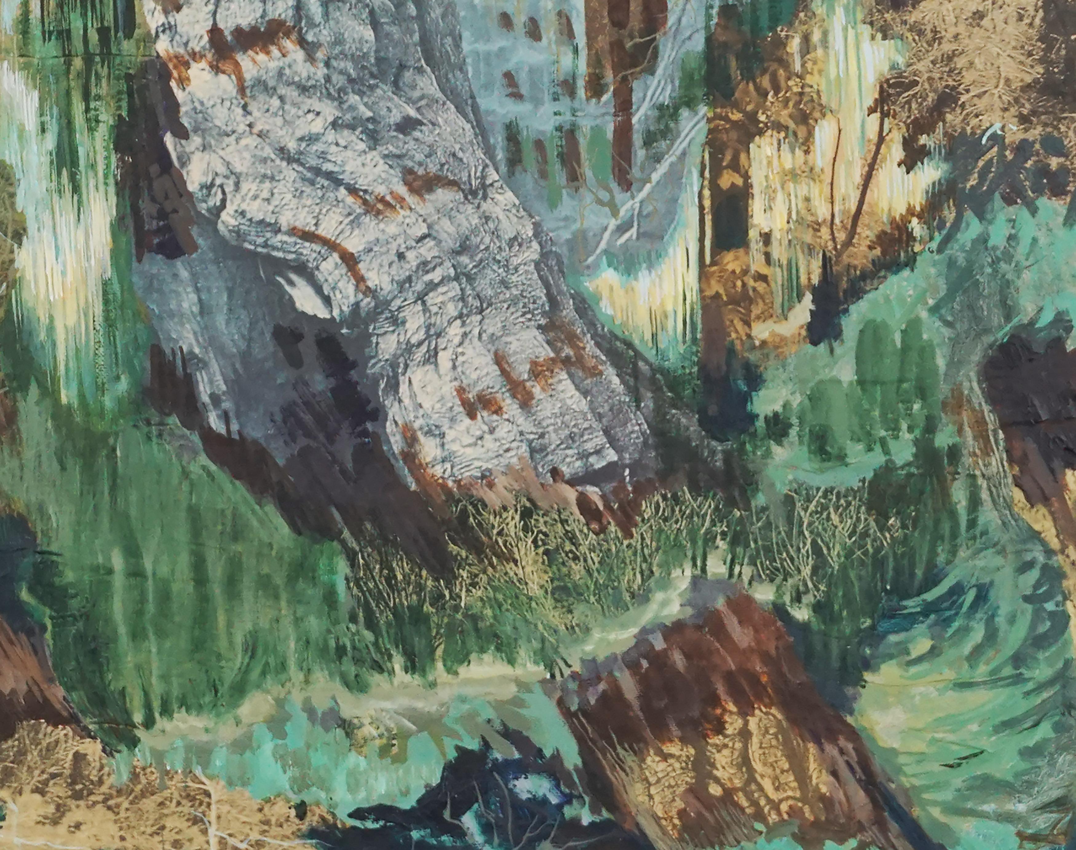 Mid-Century Modern Pacific Northwest Regenwald, abstrakte Landschaft in Erdtönen  (Abstrakter Impressionismus), Painting, von Hilda Davidson Kaster