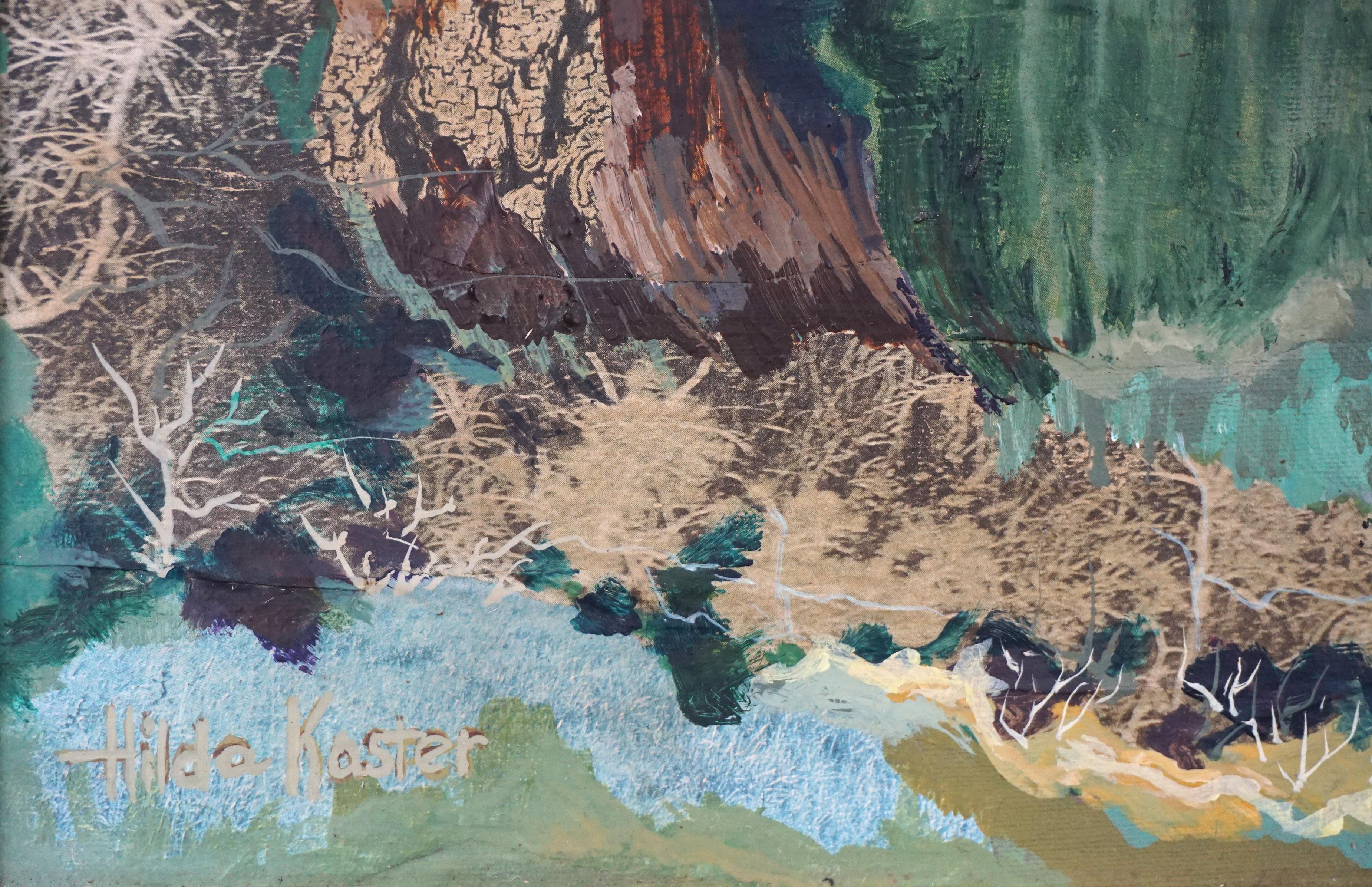 Mid-Century Modern Pacific Northwest Regenwald, abstrakte Landschaft in Erdtönen  (Grau), Landscape Painting, von Hilda Davidson Kaster