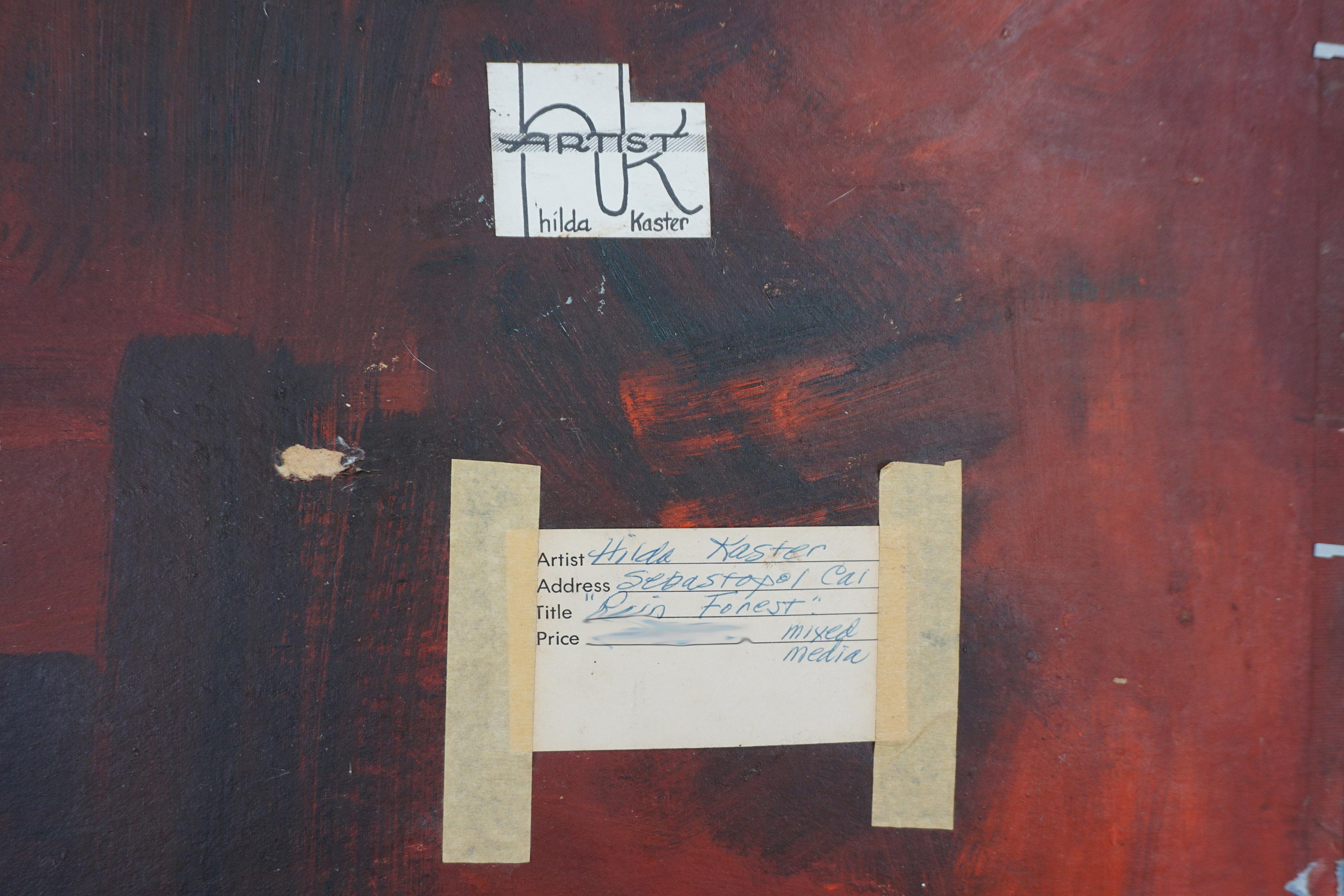 Maravilloso paisaje abstracto del norte de California en técnica mixta moderna de mediados de siglo, obra de Hilda Davidson Kaster (estadounidense, 1912-2008), hacia 1950. La artista utiliza capas de técnicas mixtas en tonos tierra y texturas