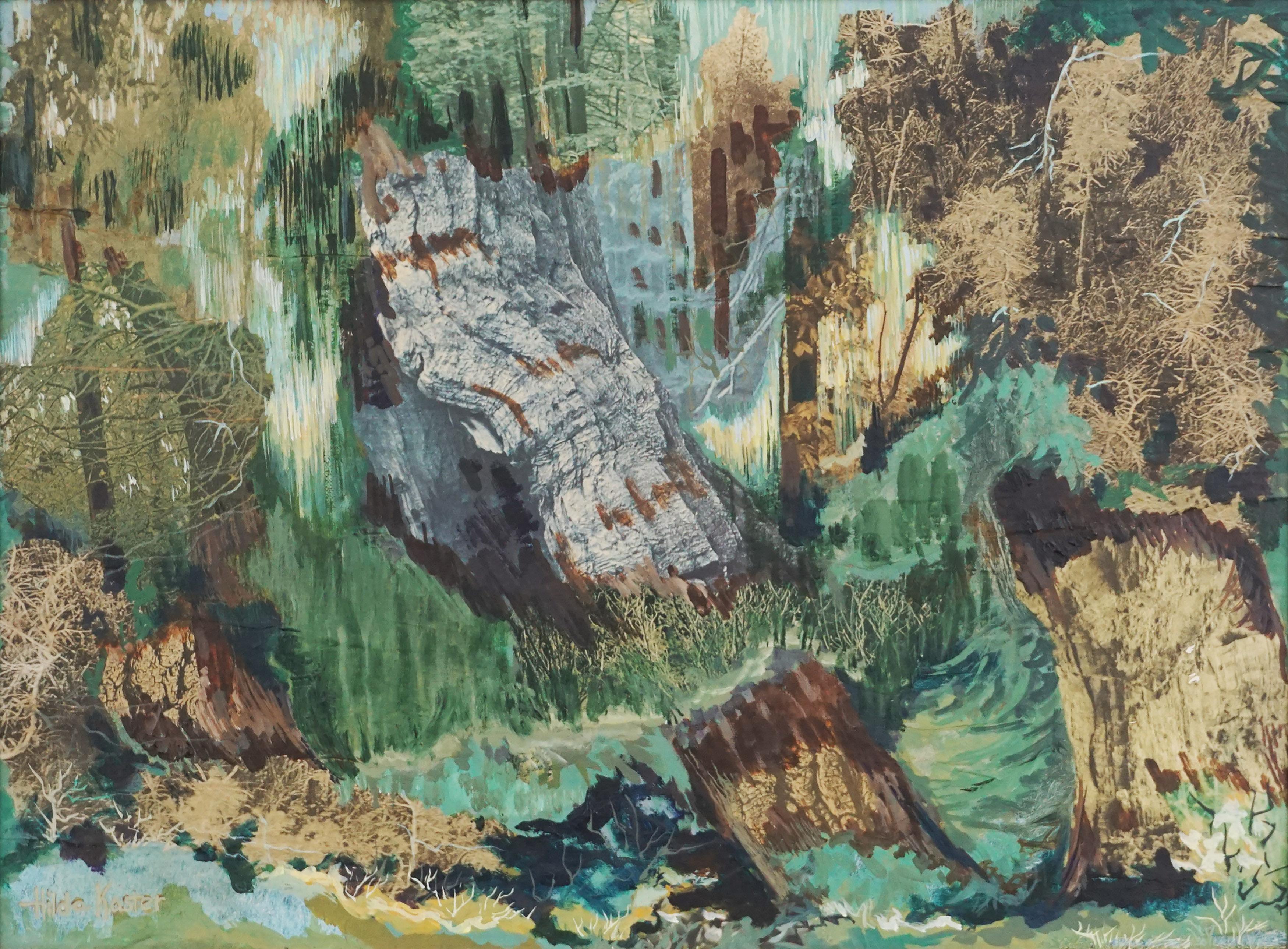 Hilda Davidson Kaster Landscape Painting – Mid-Century Modern Pacific Northwest Regenwald, abstrakte Landschaft in Erdtönen 