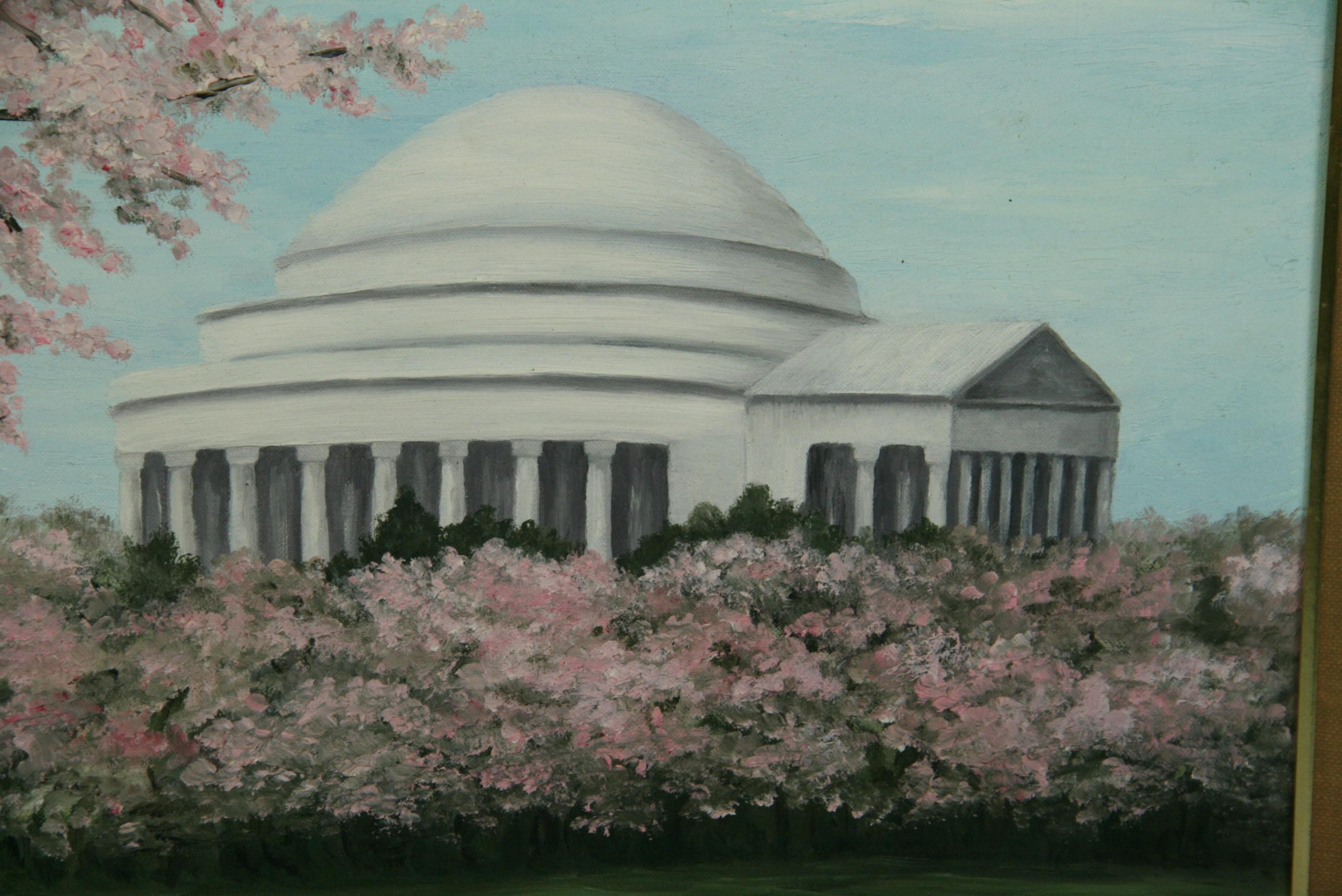 Vintage Female Artist Landscape    Cherry Blossoms  Oil at Jefferson Memorial For Sale 1