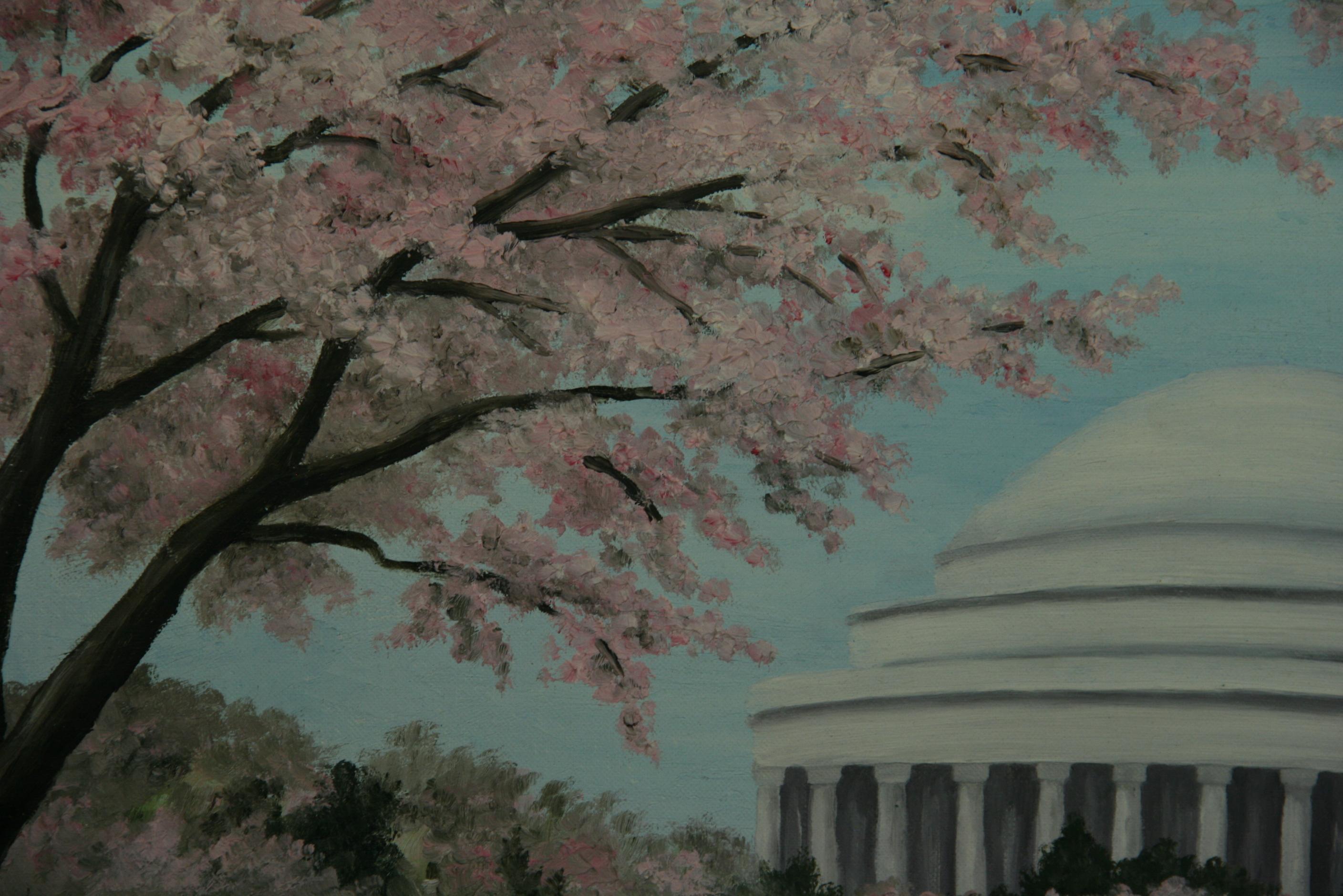 Vintage Female Artist Landscape    Cherry Blossoms  Oil at Jefferson Memorial For Sale 2
