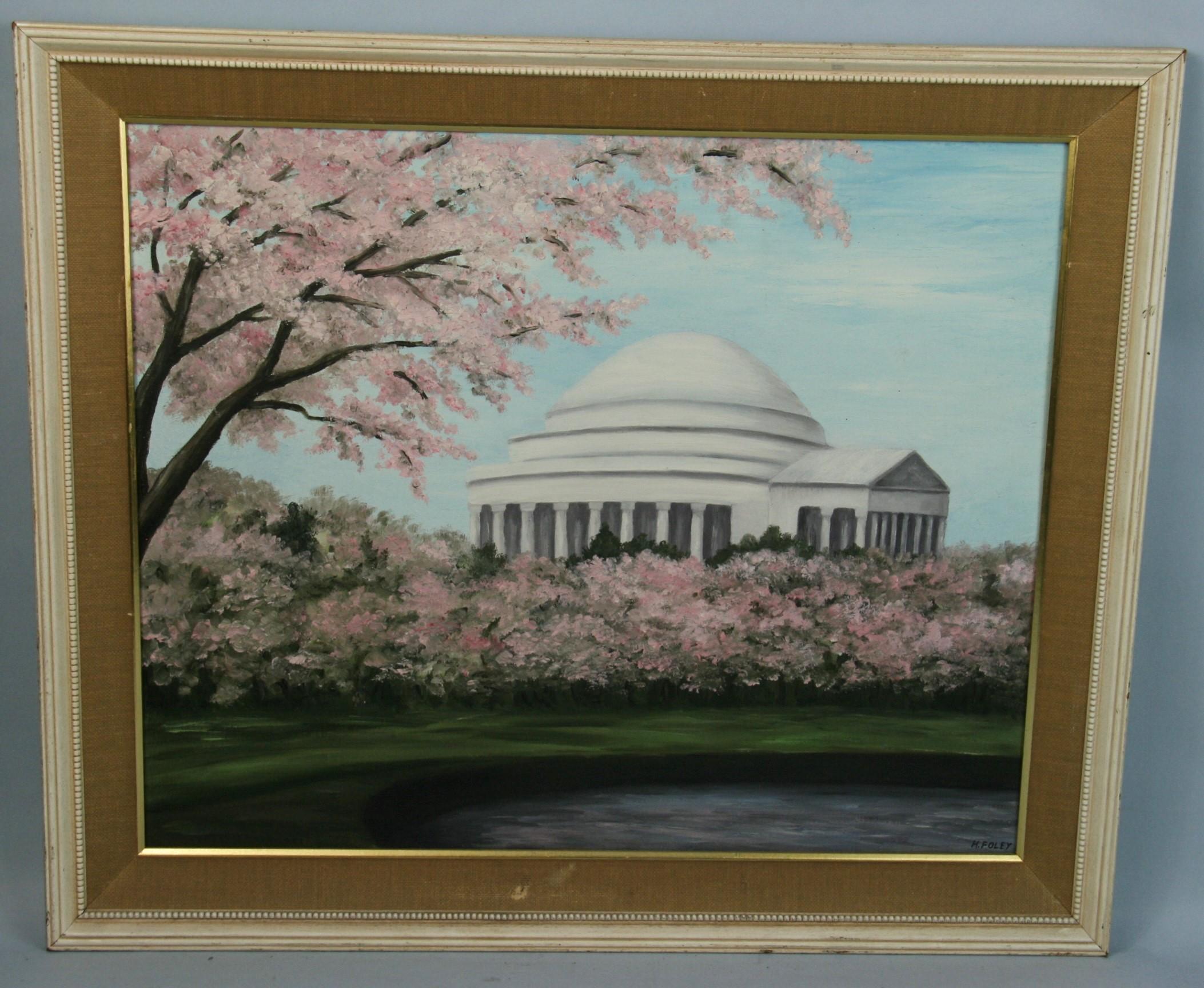 Hilda Foley Landscape Painting - Vintage Female Artist Landscape    Cherry Blossoms  Oil at Jefferson Memorial