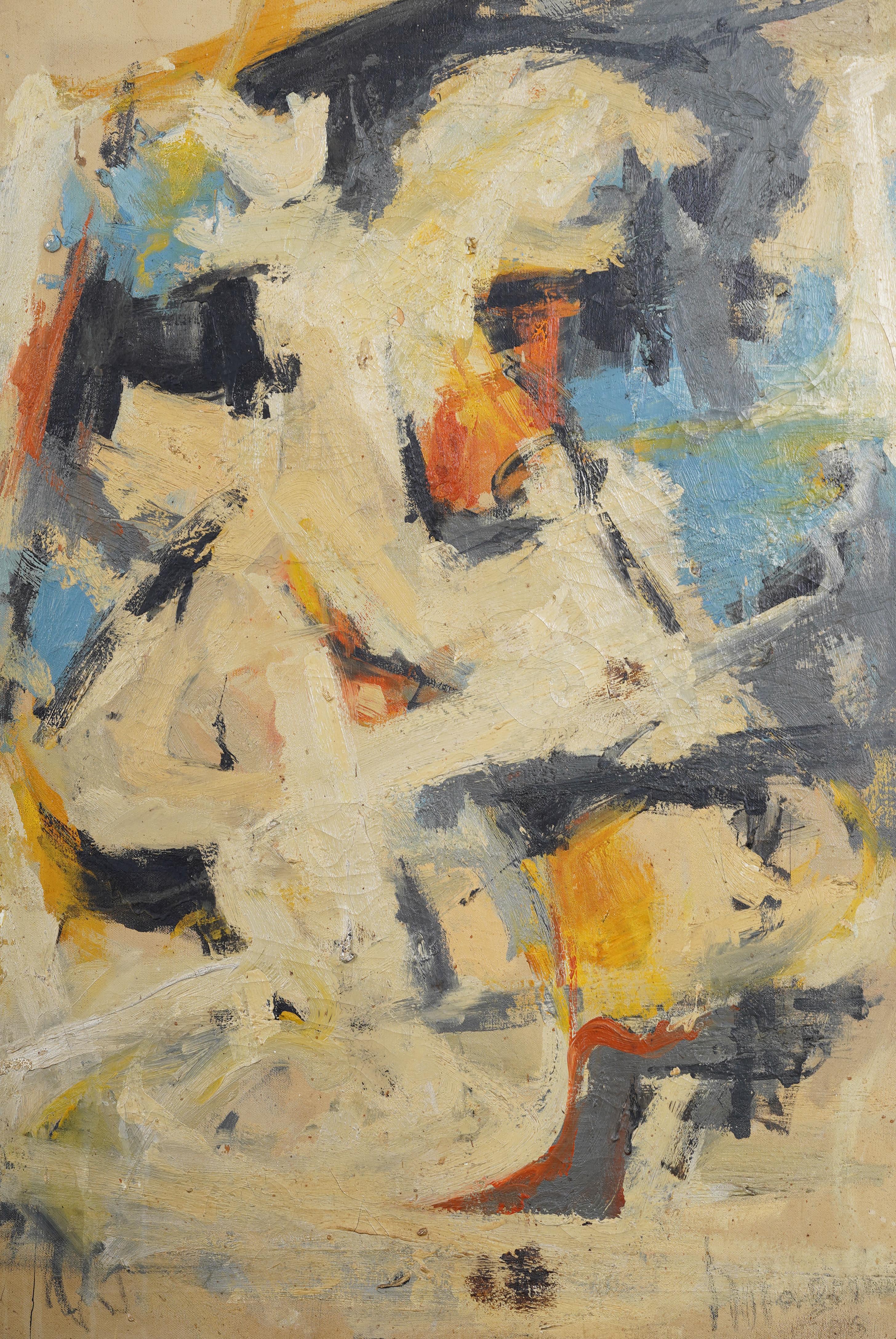 Impressive early American abstract expressionist oil painting.  Framed.  Oil on canvas.  Signed.  Image size, 36H by 24L.