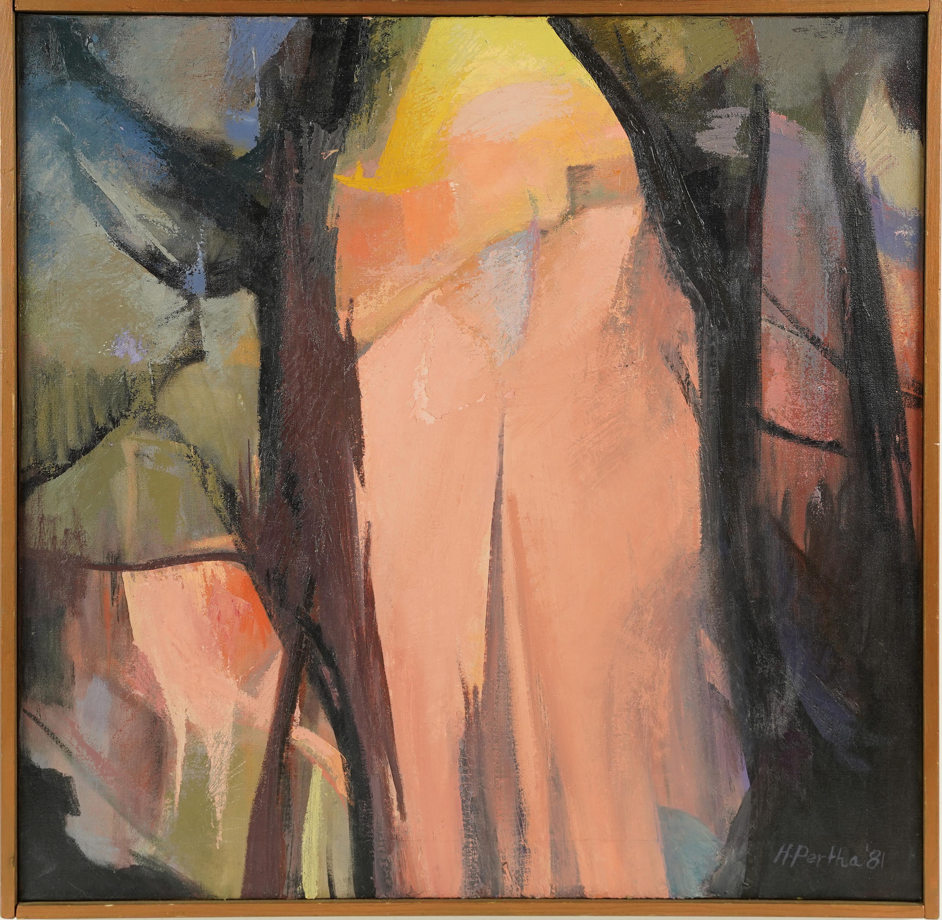 Antiquité américaine, grande peinture féminine expressionniste abstraite, paysage de coucher de soleil - Painting de Hilda Pertha