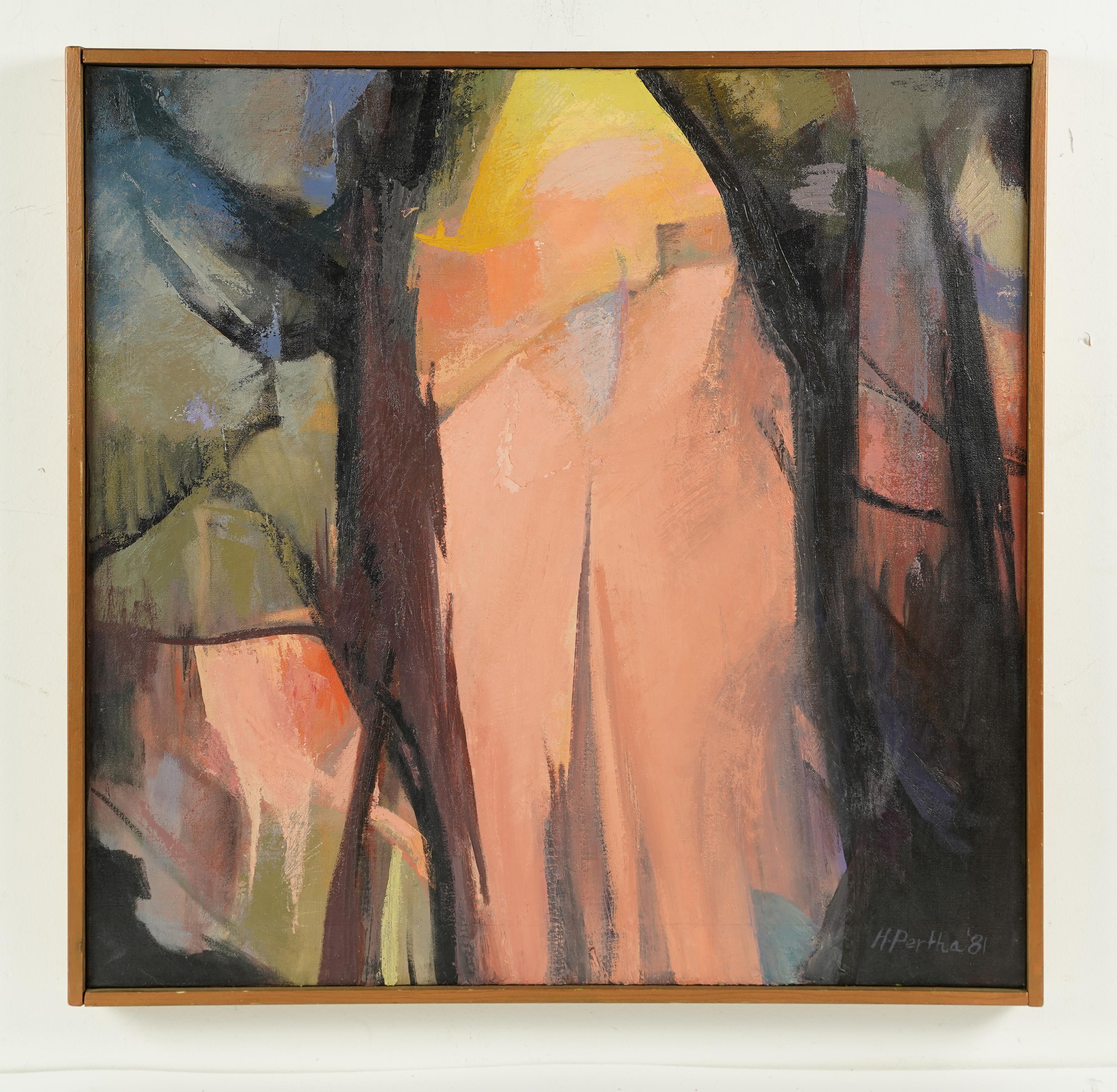 Antiquité américaine, grande peinture féminine expressionniste abstraite, paysage de coucher de soleil - Expressionnisme abstrait Painting par Hilda Pertha