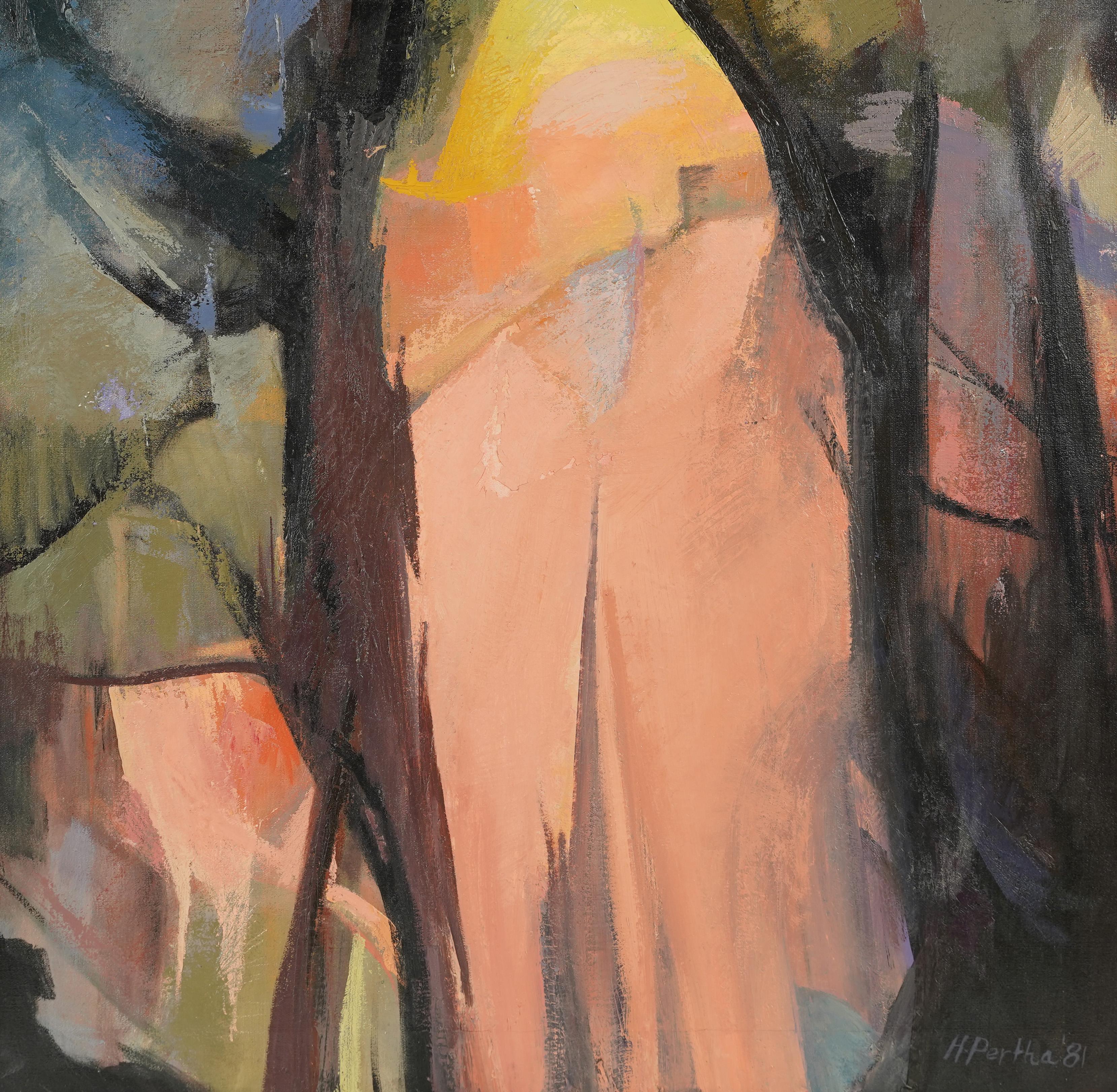 Antiquité américaine, grande peinture féminine expressionniste abstraite, paysage de coucher de soleil - Marron Abstract Painting par Hilda Pertha