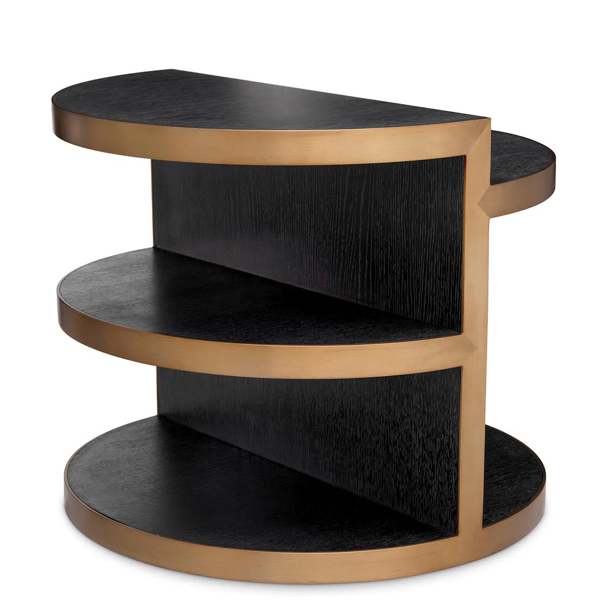 Side Table Hilda with wooden structure in 
dark grey oak veneer and with stainless steel 
structure in brushed brass finish.