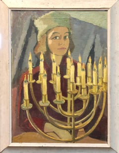 1950's Expressionist Judaica Painting "I Lit All My Candles" Hanukkah Menorah