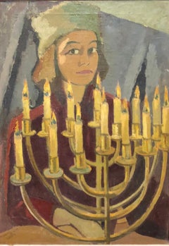 1950's Expressionist Judaica Painting "I Lit All My Candles" Hanukkah Menorah