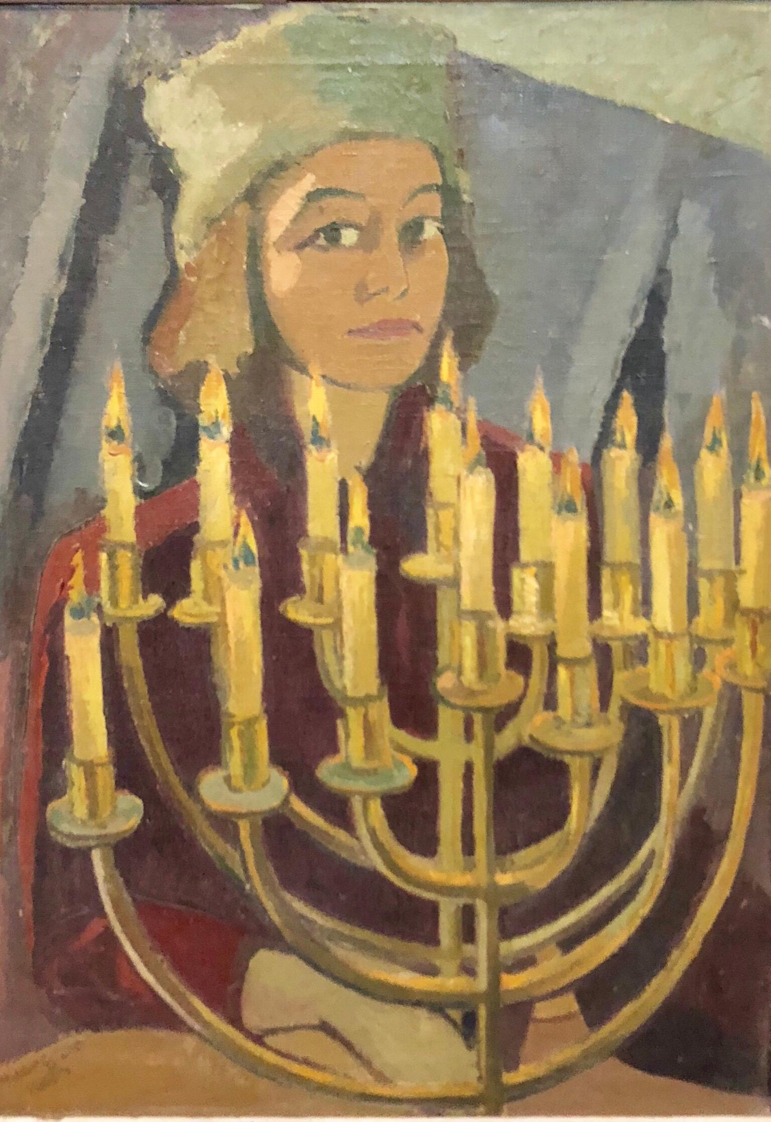 1950er Jahre Expressionist Judaica Malerei "Ich zündete alle meine Kerzen" Chanukka Menora  