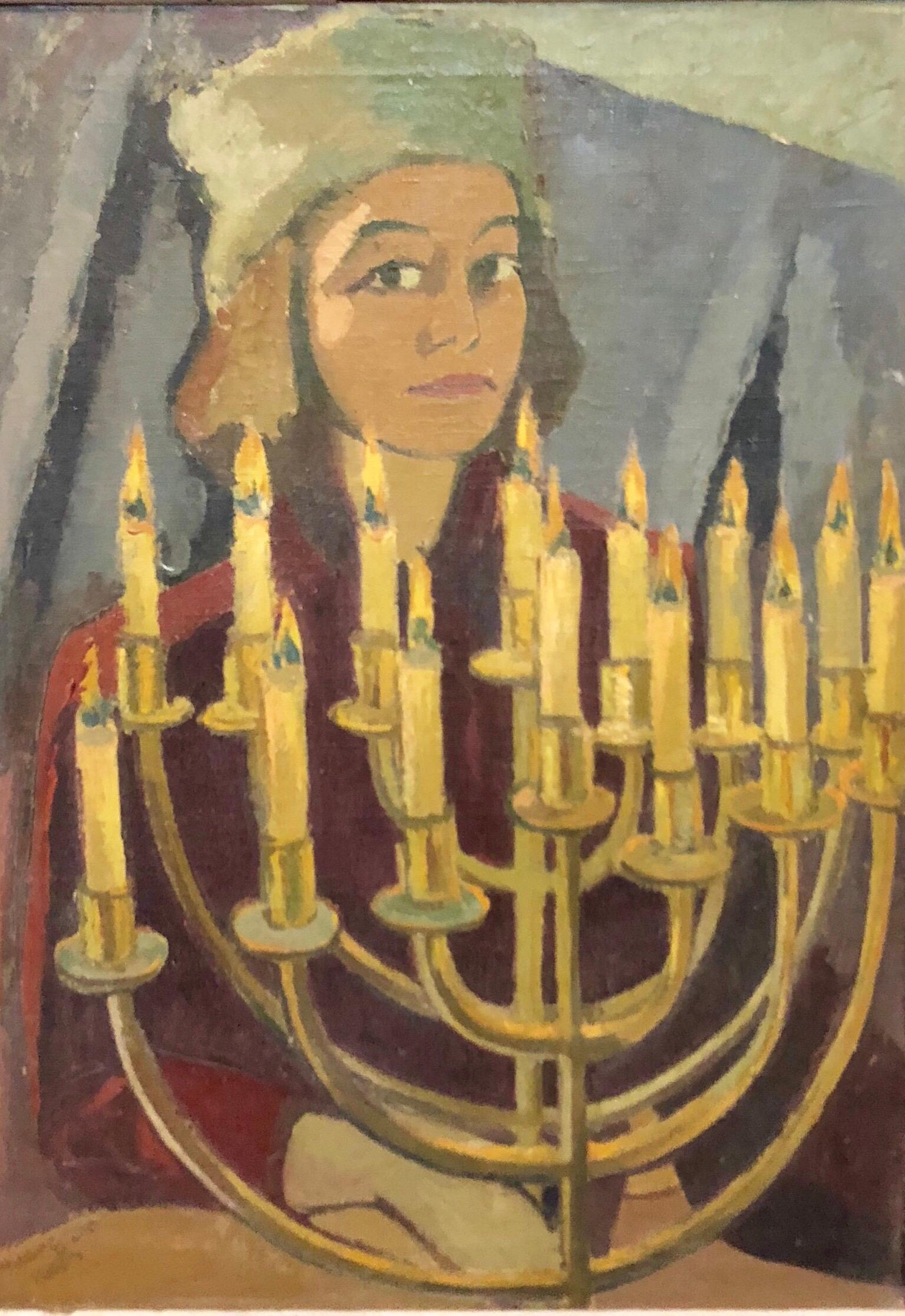 Hildegard Rath Figurative Painting - 1950's Expressionist Judaica Painting "I Lit All My Candles" Hanukkah Menorah