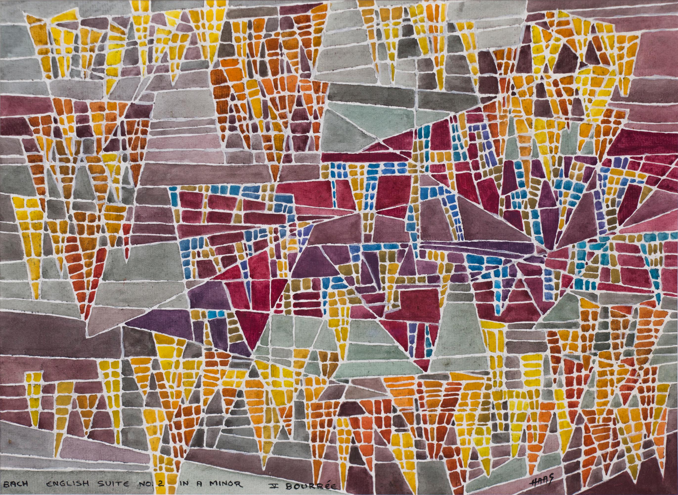 This striking non-objective abstract watercolor by San Francisco artist Hildegarde Haas (1926–2002) belongs to her celebrated Classical Music Series, in which she visually interprets great compositions through color and form. Titled “Bach – English