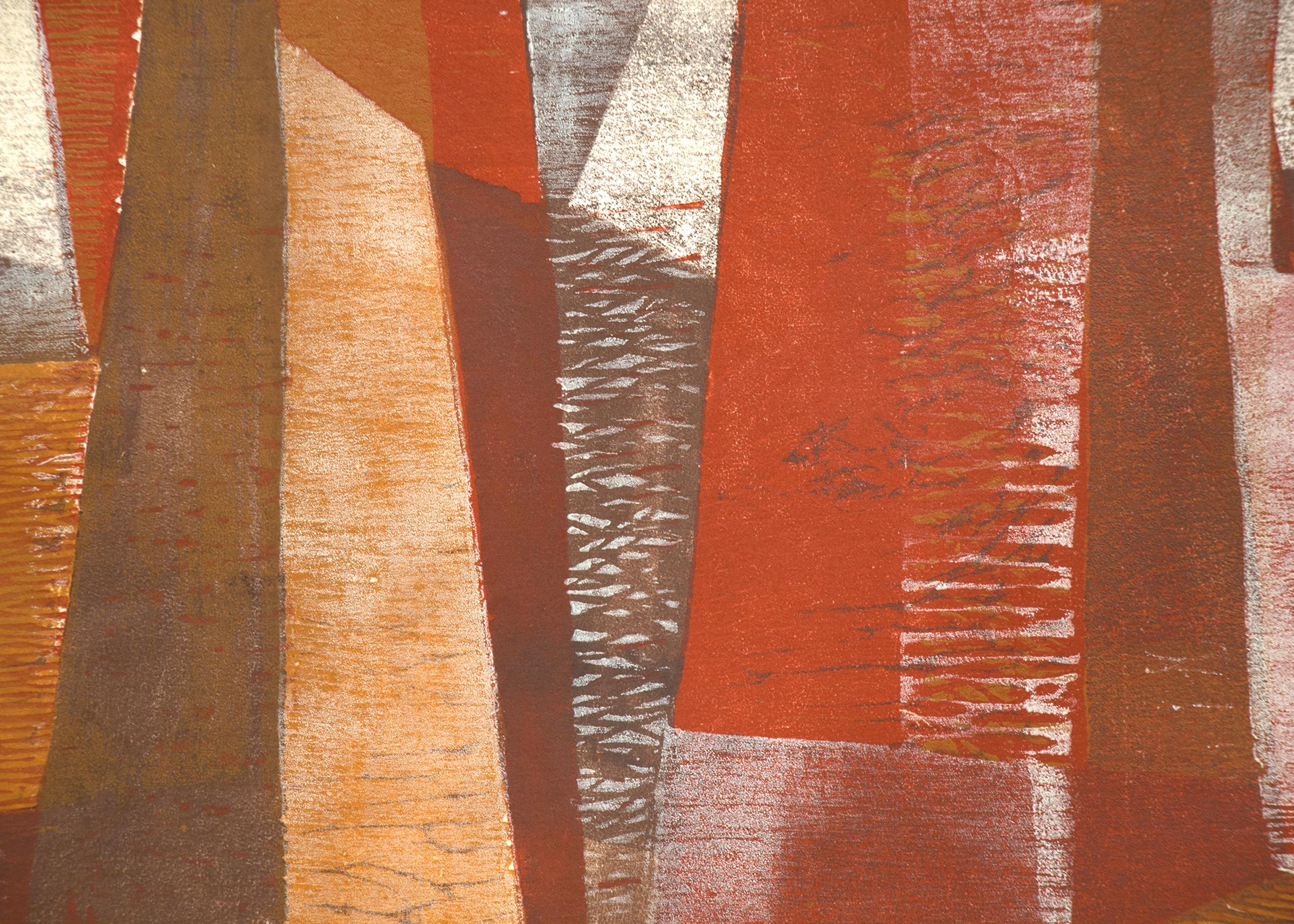 Pillars of the Canyon, 1950s Framed Abstract Colored Print Geometric Figures - Brown Figurative Print by Hildegarde Haas