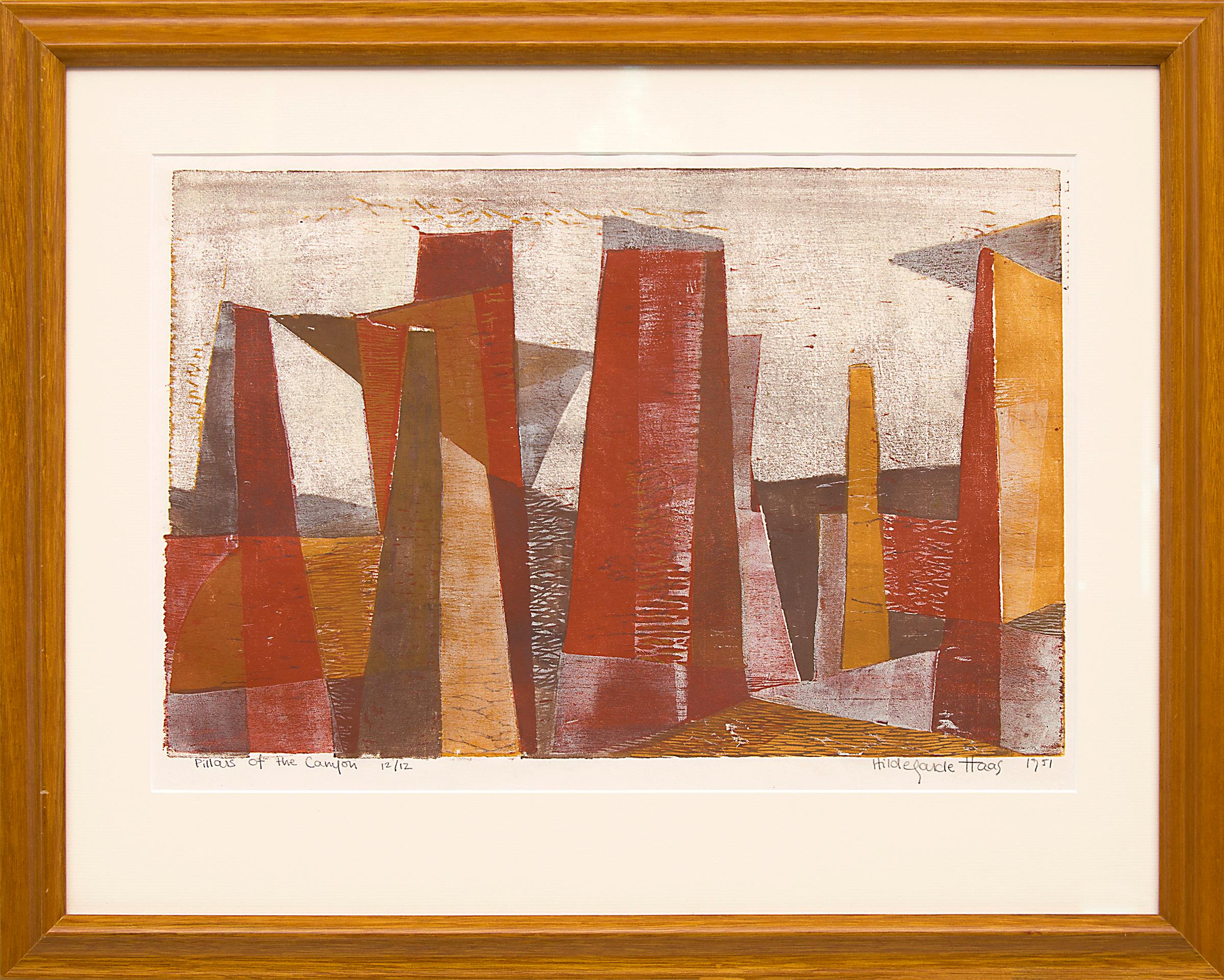 Pillars of the Canyon, 1950s Framed Abstract Colored Print Geometric Figures