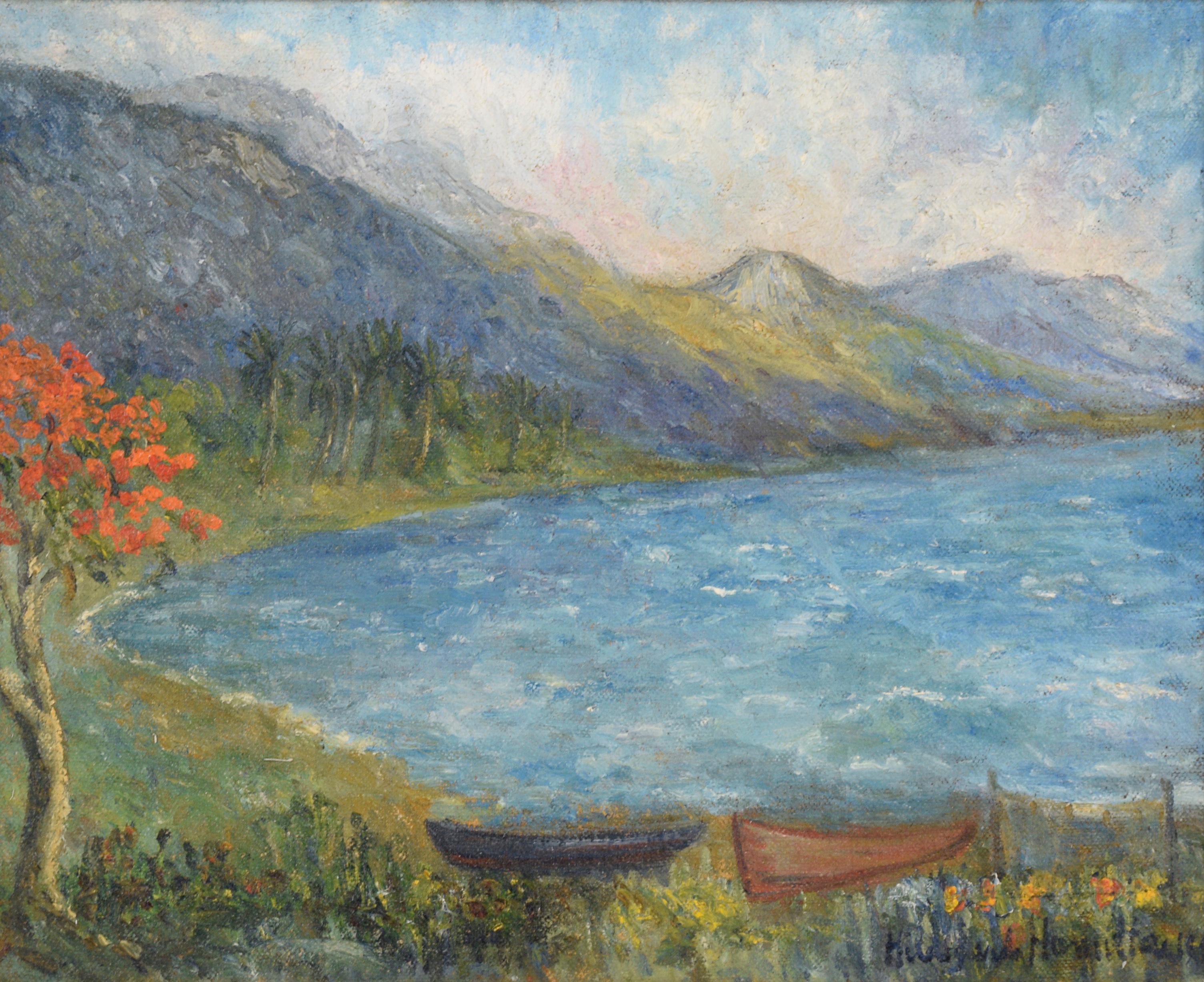 Island Mountains and Boats by the Coast, Mid 20th Century Landscape - Painting by Hildegarde Hamilton
