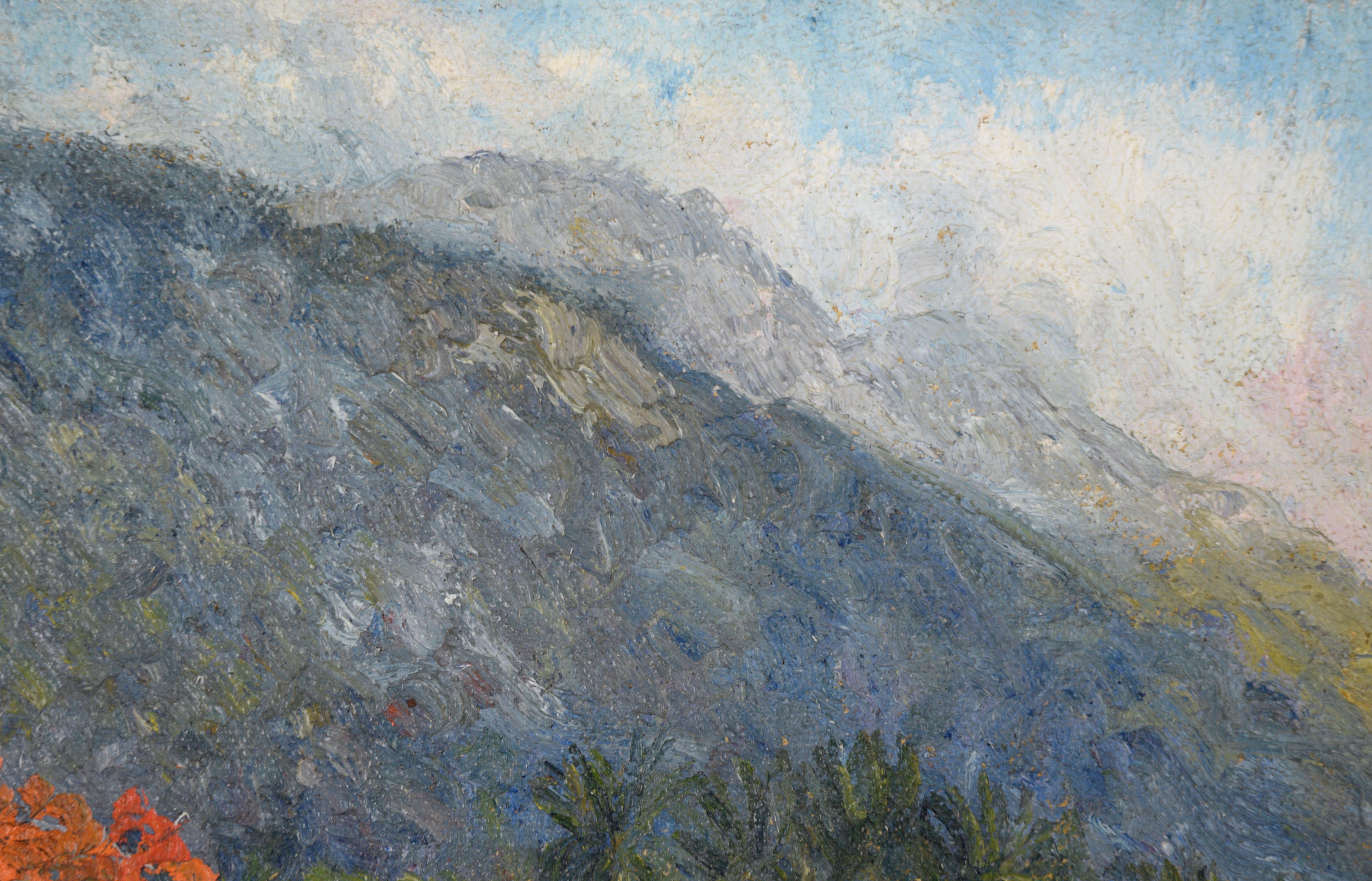 Coast Island Berge und Boote an der Küste, Landschaft Mitte des 20. Jahrhunderts (Amerikanischer Impressionismus), Painting, von Hildegarde Hamilton