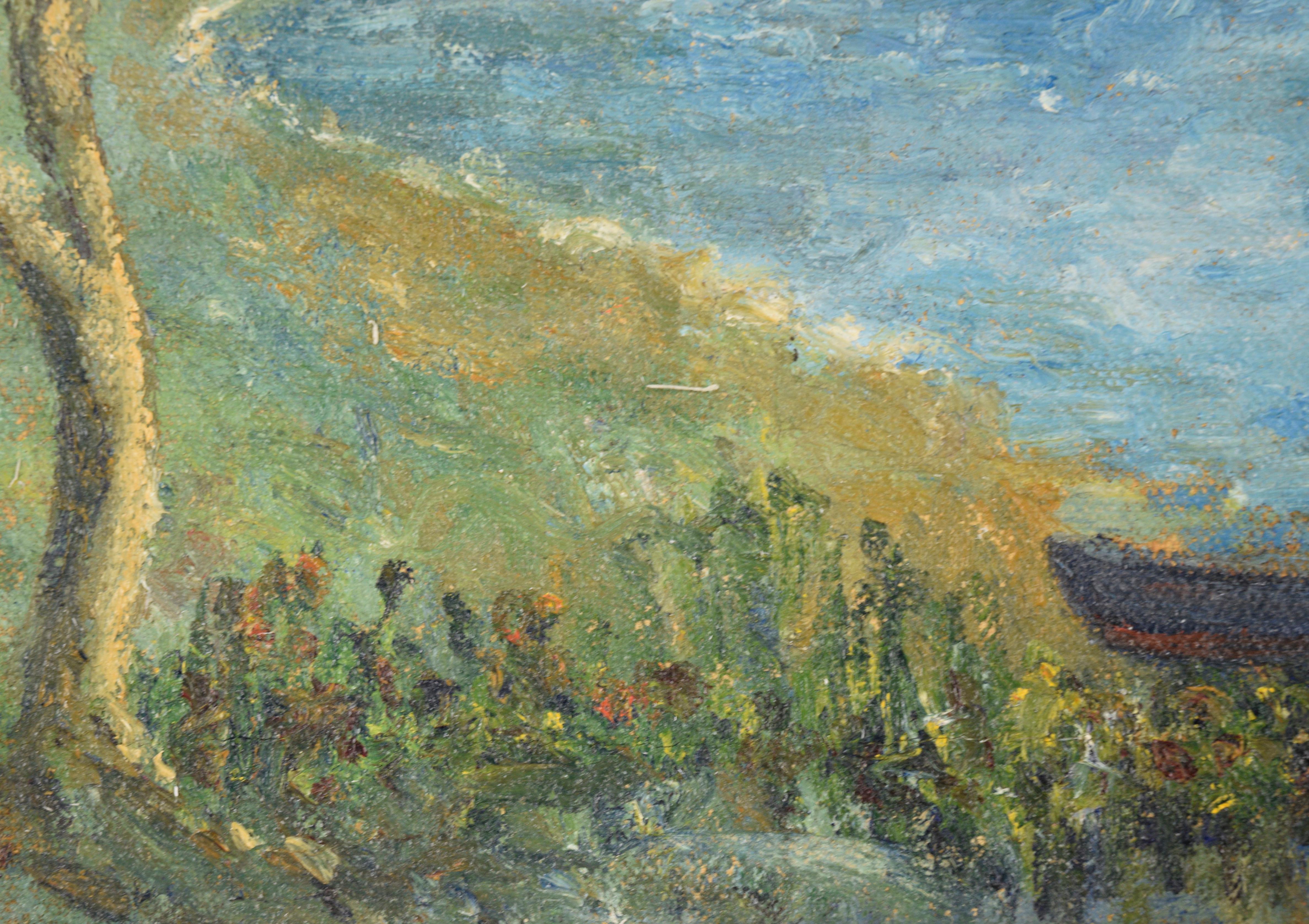 Coast Island Berge und Boote an der Küste, Landschaft Mitte des 20. Jahrhunderts (Braun), Landscape Painting, von Hildegarde Hamilton