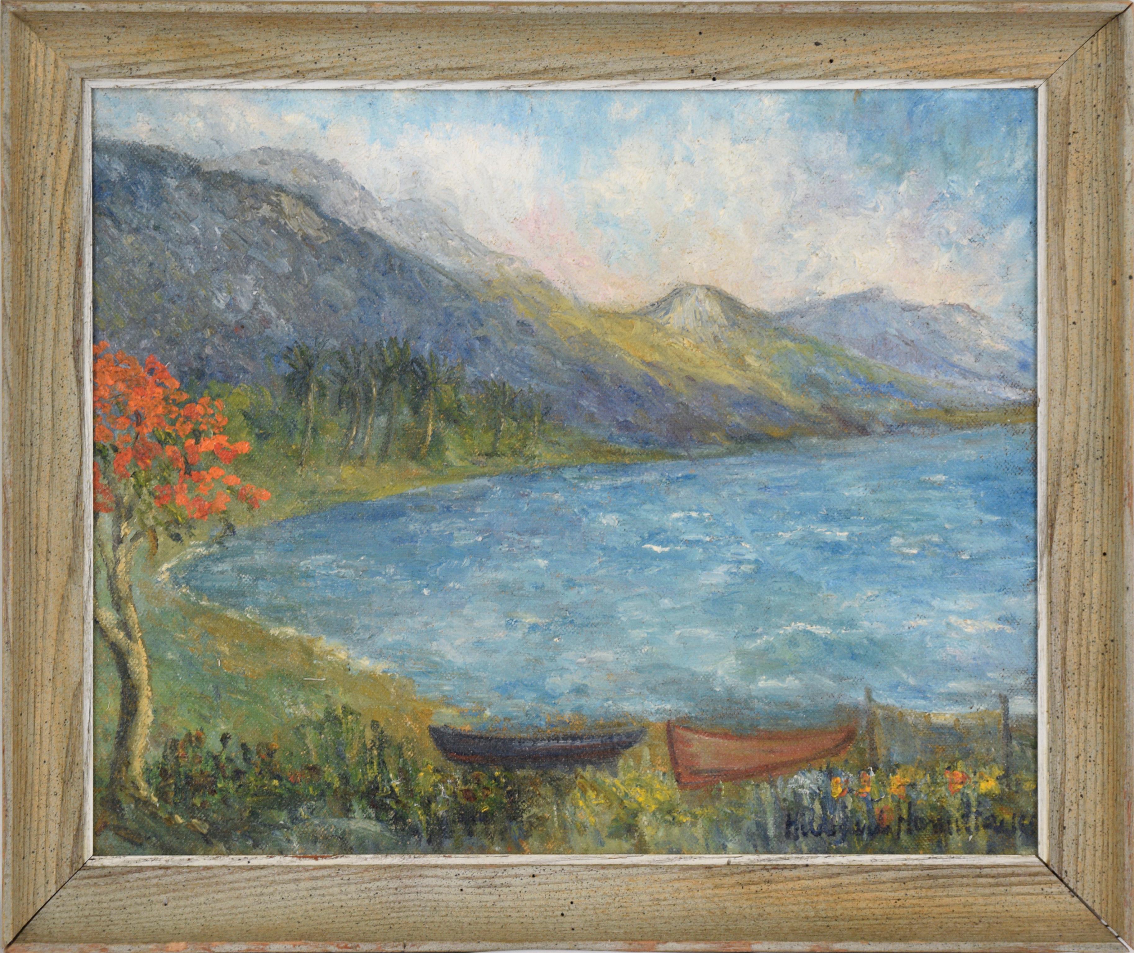 Hildegarde Hamilton Landscape Painting – Coast Island Berge und Boote an der Küste, Landschaft Mitte des 20. Jahrhunderts