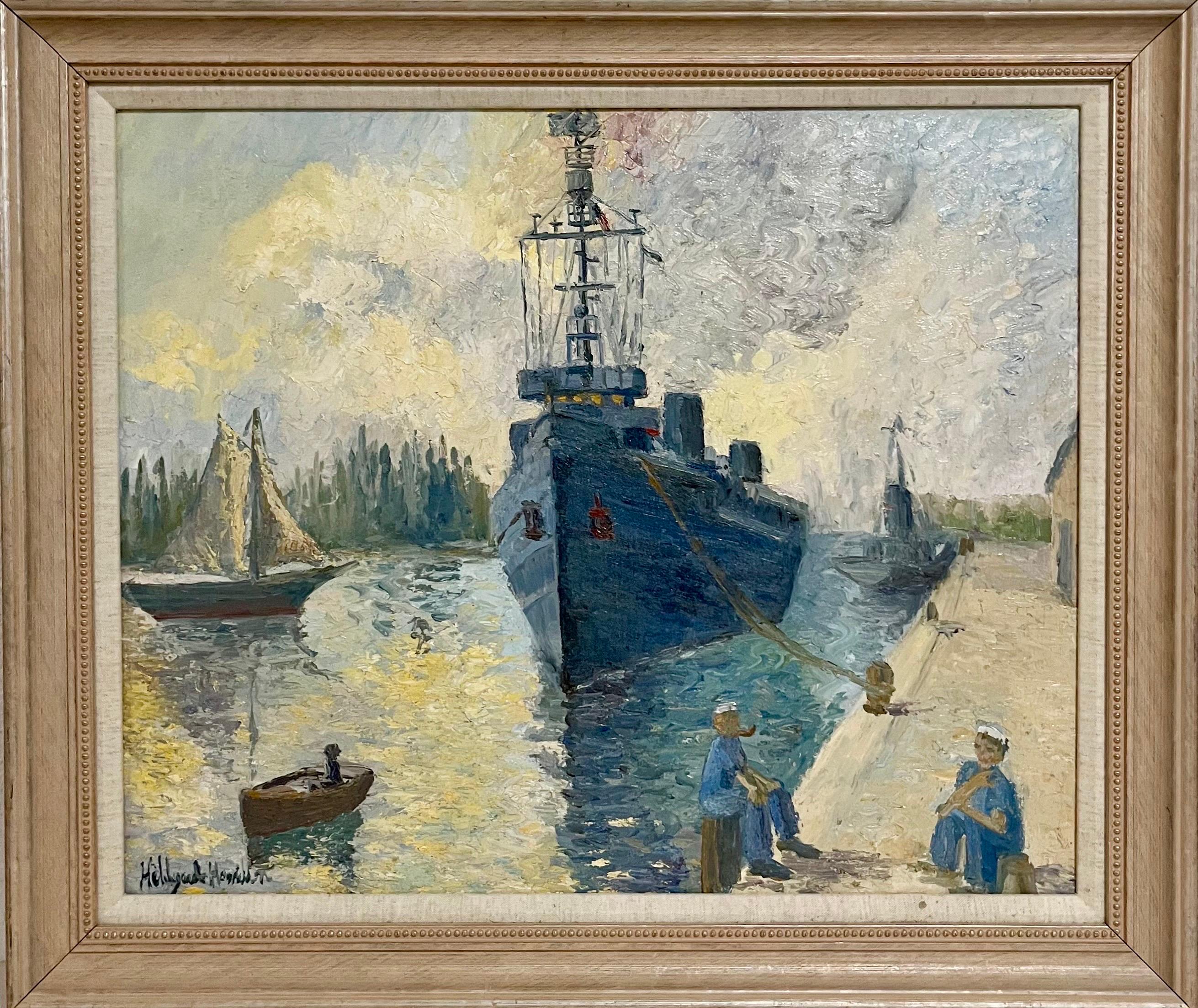 Pittura a olio Scena di porto con navi militari, marinai e barche Hildegarde Hamilton in vendita 1