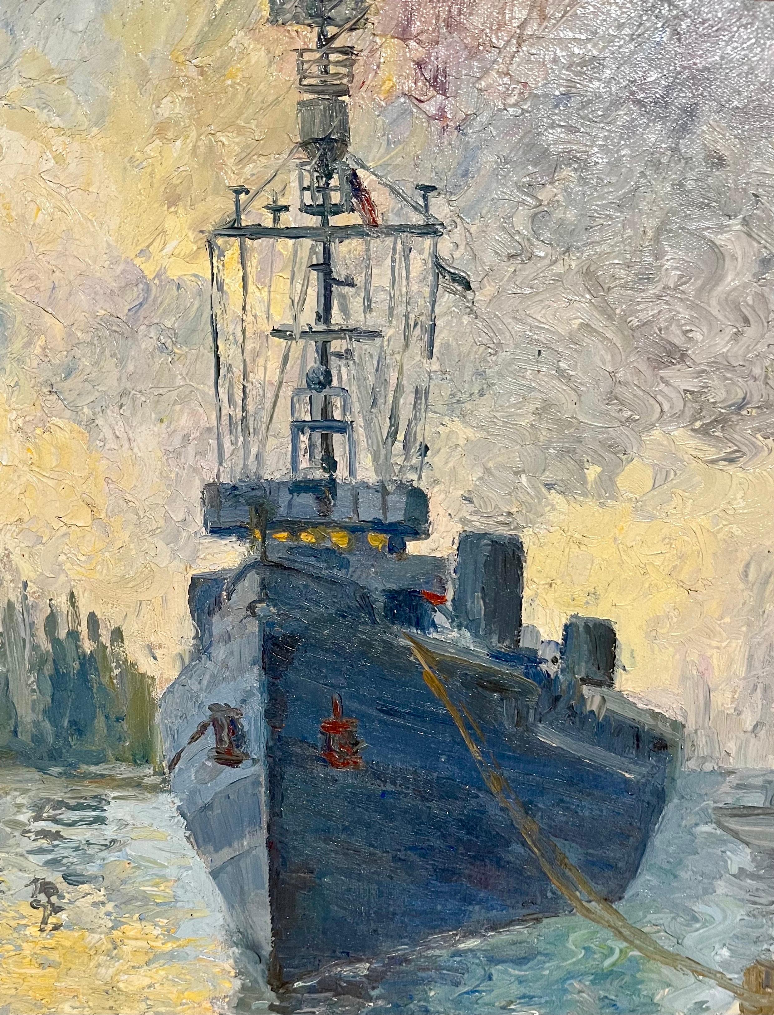 Pittura a olio Scena di porto con navi militari, marinai e barche Hildegarde Hamilton in vendita 2