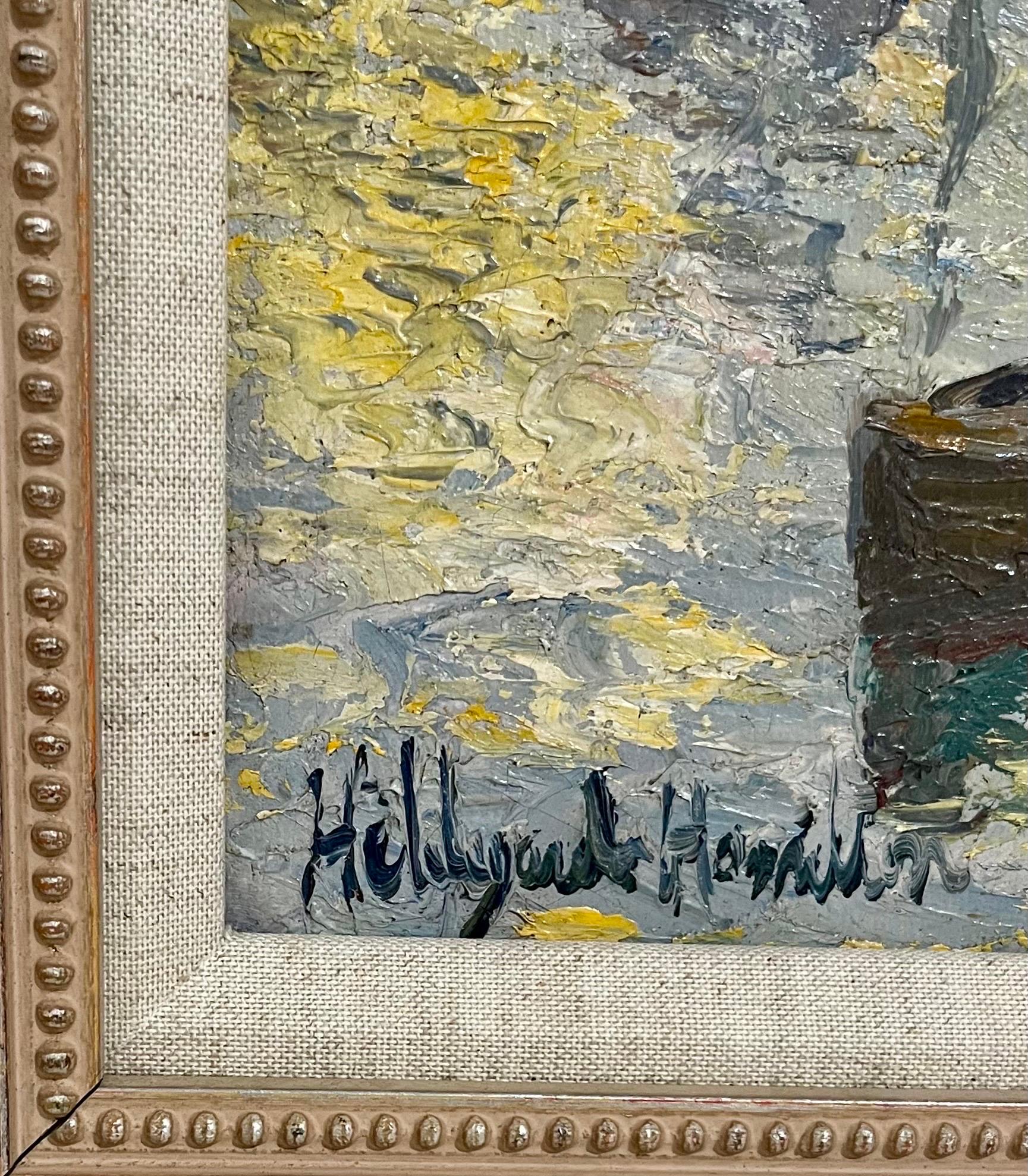 Pittura a olio Scena di porto con navi militari, marinai e barche Hildegarde Hamilton in vendita 3