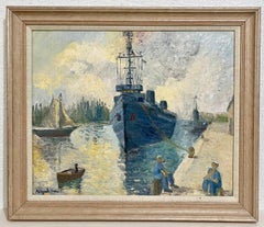 Retro Oil Painting Harbor Scene with Naval Ships Sailors & Boats Hildegarde Hamilton