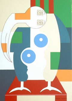 Bird Sitting on a Red Chair, Animal Portrait Modern Art Abstract Geometric Green