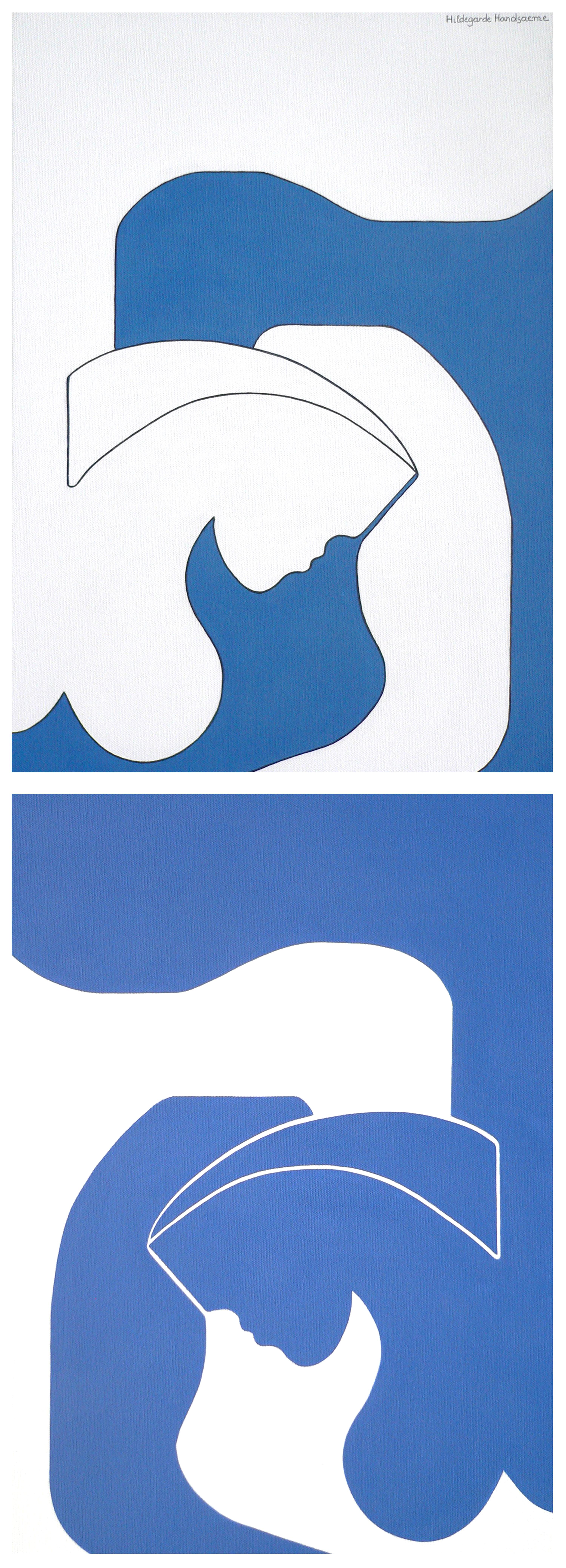 Hildegarde Handsaeme Portrait Painting - Blue Shadow Diptych, Blue Modern Abstract Geometric Art Portrait Woman Symmetry