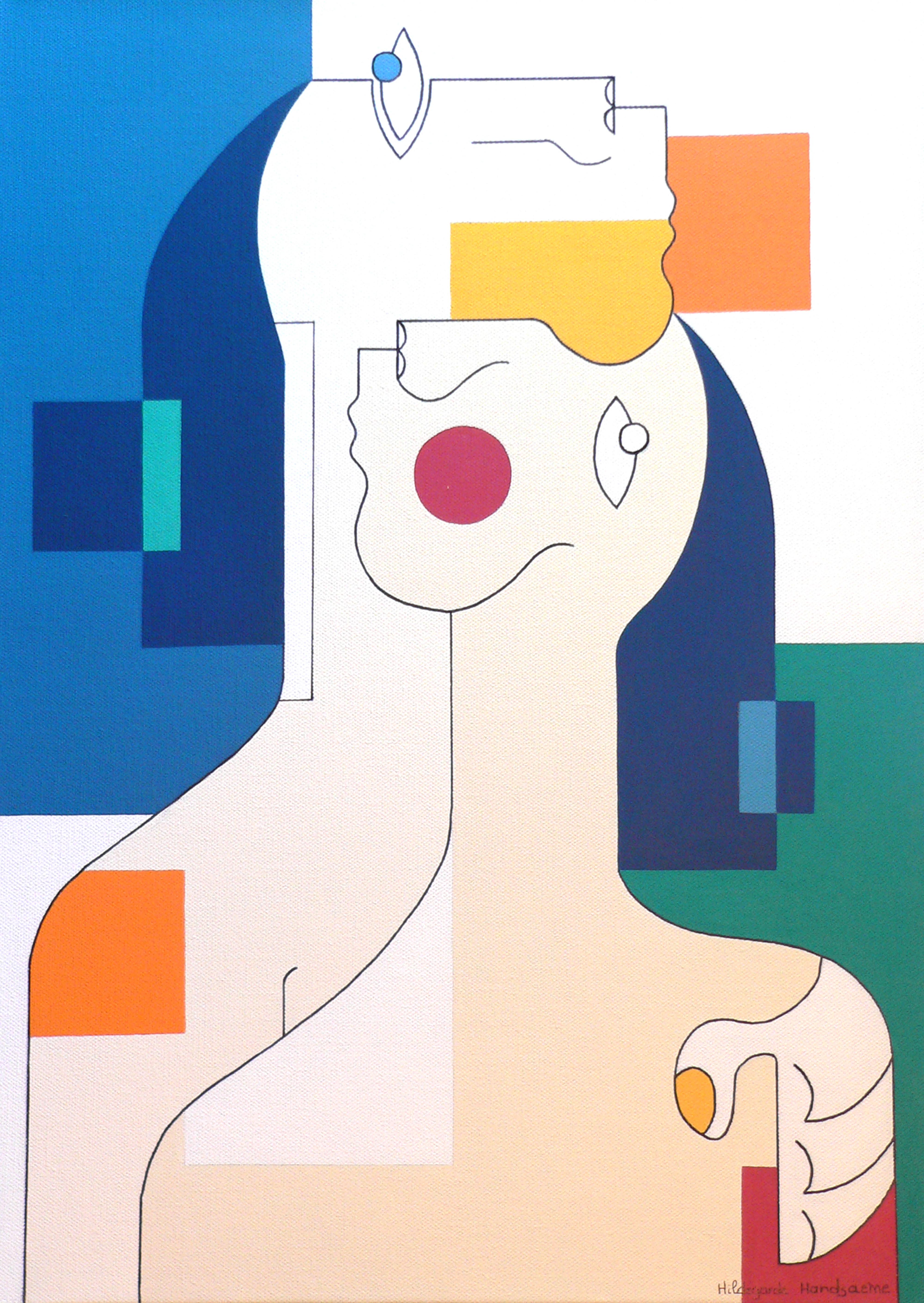 „Konsolation“ von Hildegarde Handsaeme ist eher ein kleines Gemälde. Wie der Name schon sagt:: bietet das moderne abstrakte Porträtgemälde viel Komfort und Frieden. Das Paar:: das sehr nahe steht:: scheint ineinander verbunden zu sein: Es gibt keine