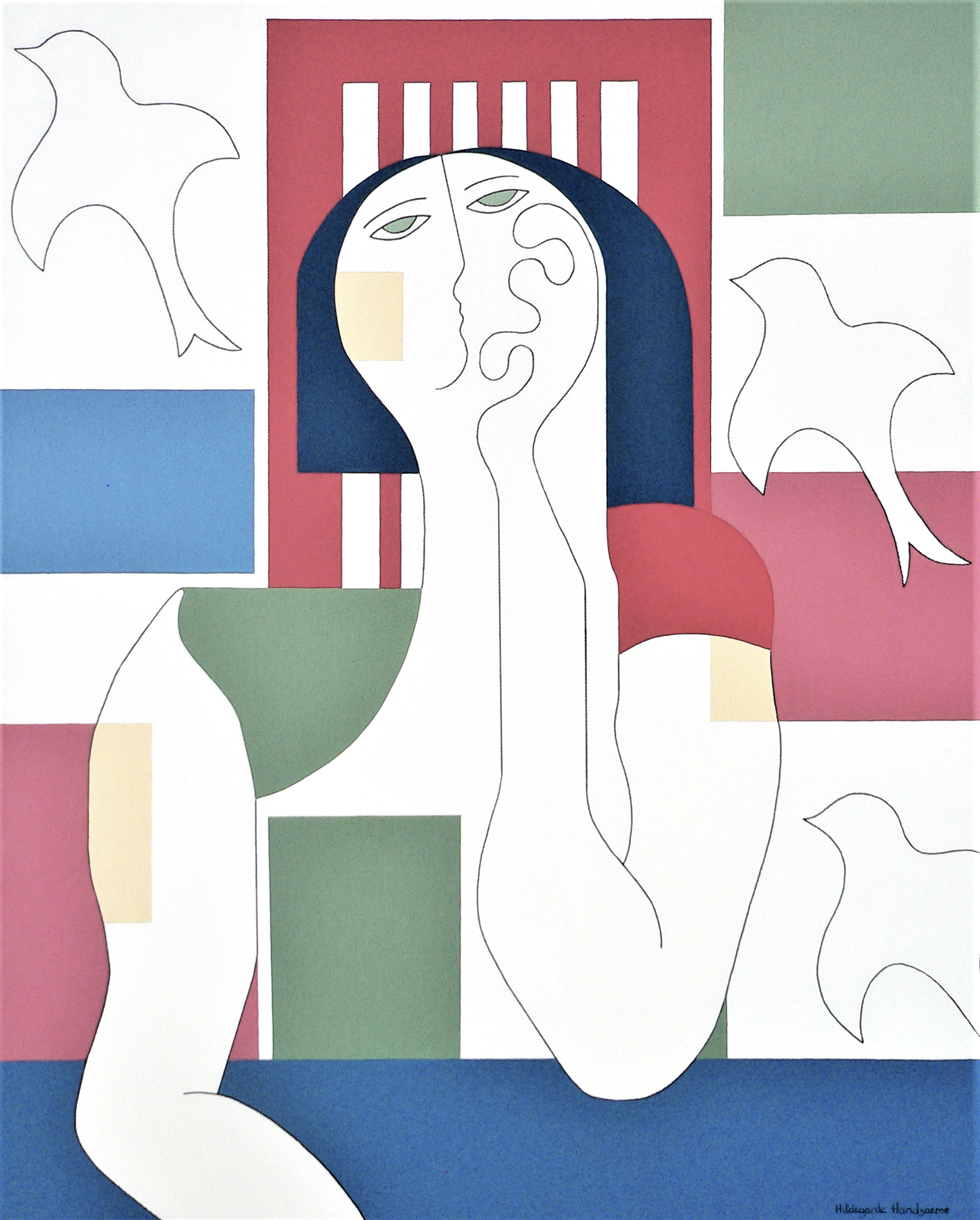 Hildegarde Handsaeme Abstract Painting - Escape in Dreams, Modern Abstract Geometric Art Portrait Canvas Red Blue Green