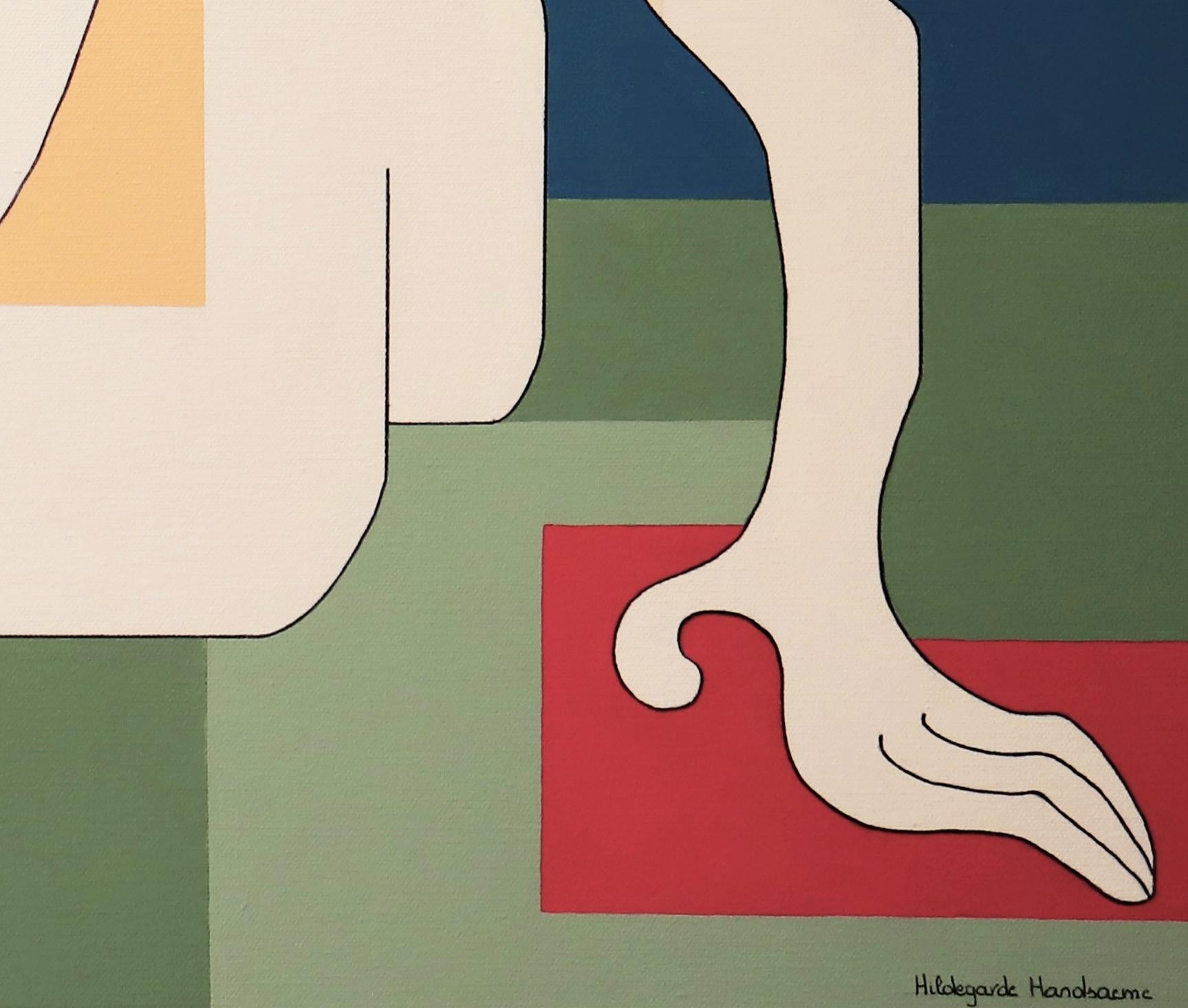 Fidelis, Modern Abstract Geometric Art Portrait Painting Canvas Green Red Blue - Gray Abstract Painting by Hildegarde Handsaeme