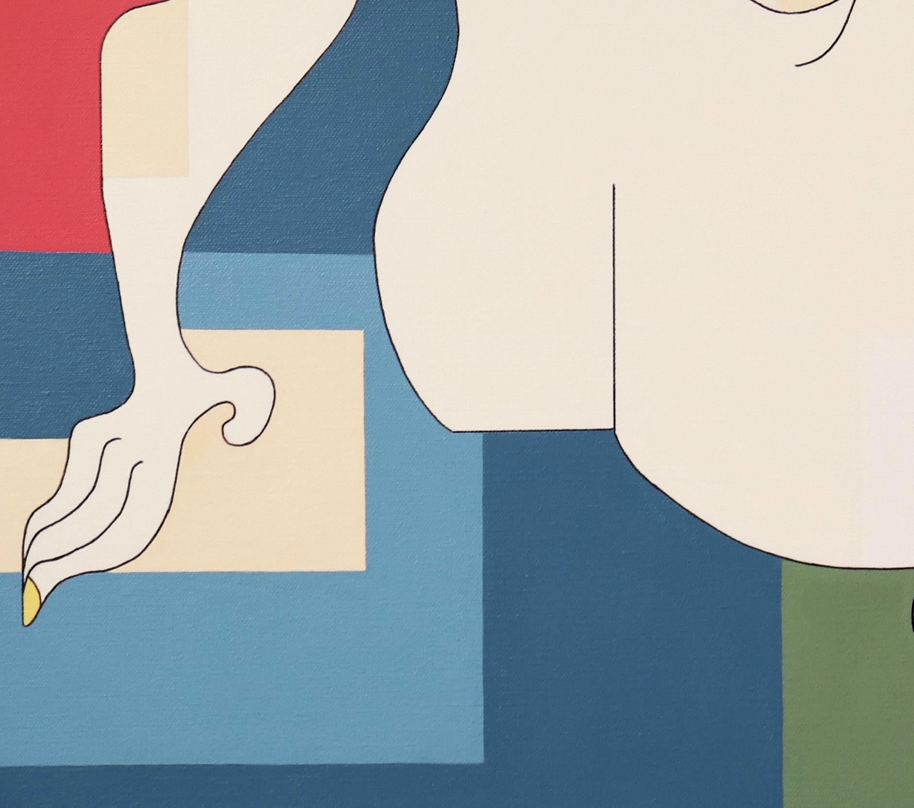 'Fidelis'  is a wonderful modern abstract painting on canvas by emerging Belgian artist - Hildegarde Handsaeme. It is a large acrylic figurative artwork showing a couple of women symmetrically positioned across each other. With some similarities